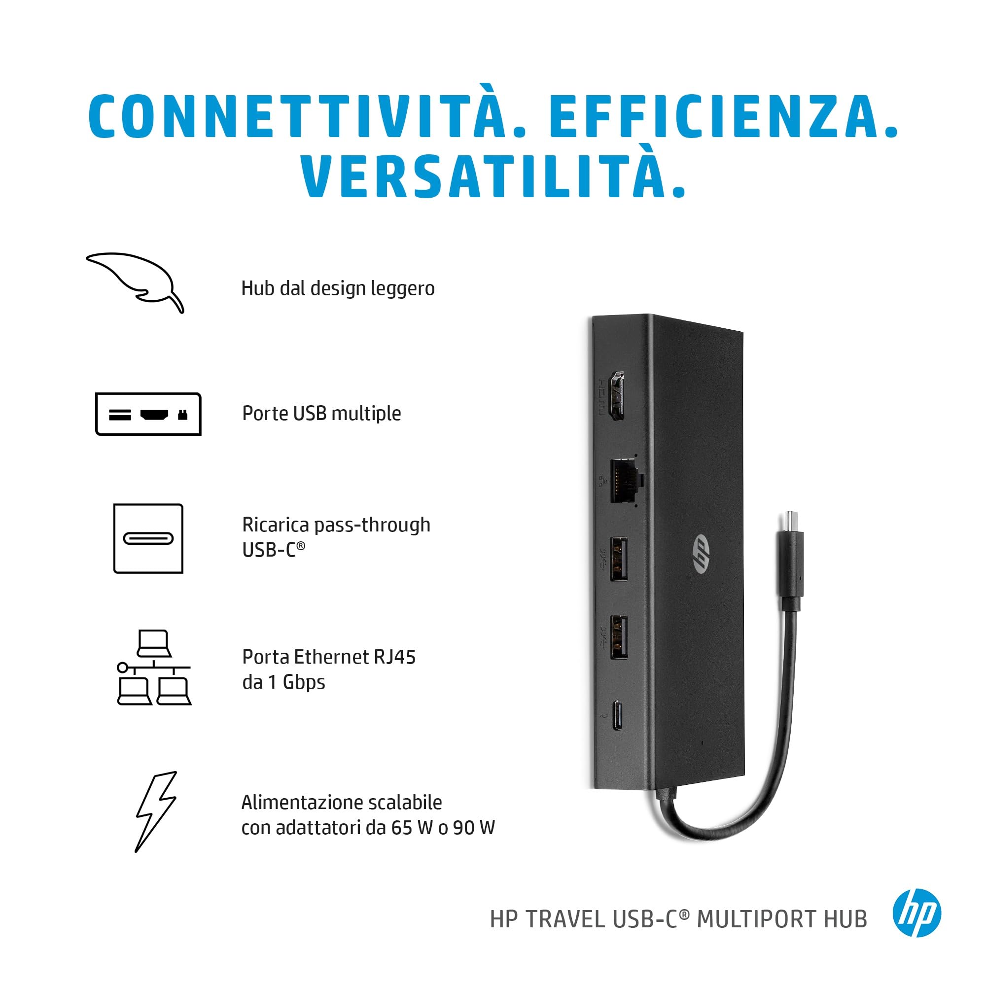 HP Hub Multi porta USB-C da Viaggio, Compatibile con PC dotati di Porta USB-C, Power Delivery e DisplayPort, Nero