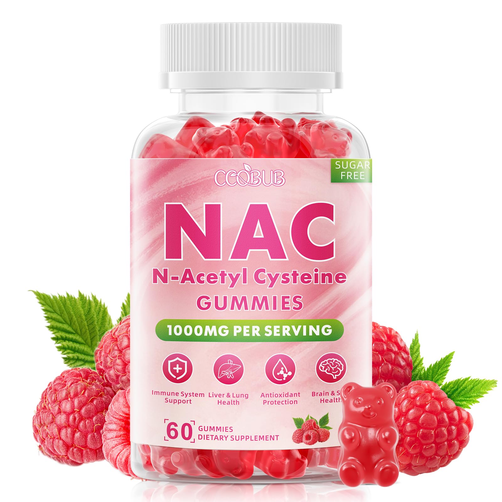 NAC Gummies 1000mg, NAC Supplement for Adults & Kids, Raspberry, 60 Count