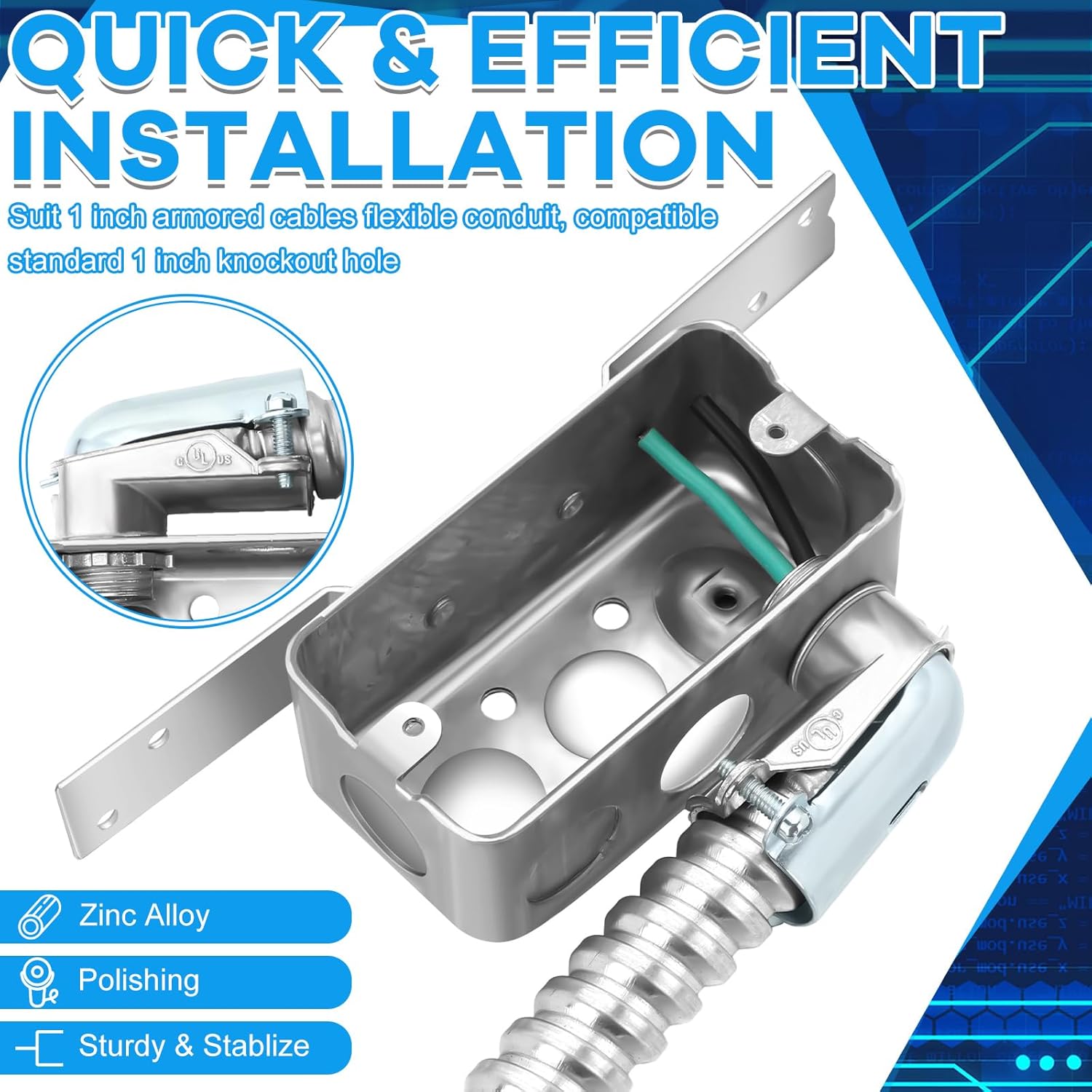 Moxweyeni 12 Pack Cable Connectors 90 Degree Squeeze Fittings Zinc Die Cast Cable Conduit Connectors for Armored Flex cULus Listed for Commercial Buildings Industrial Cabinets Garages(1 Inch)