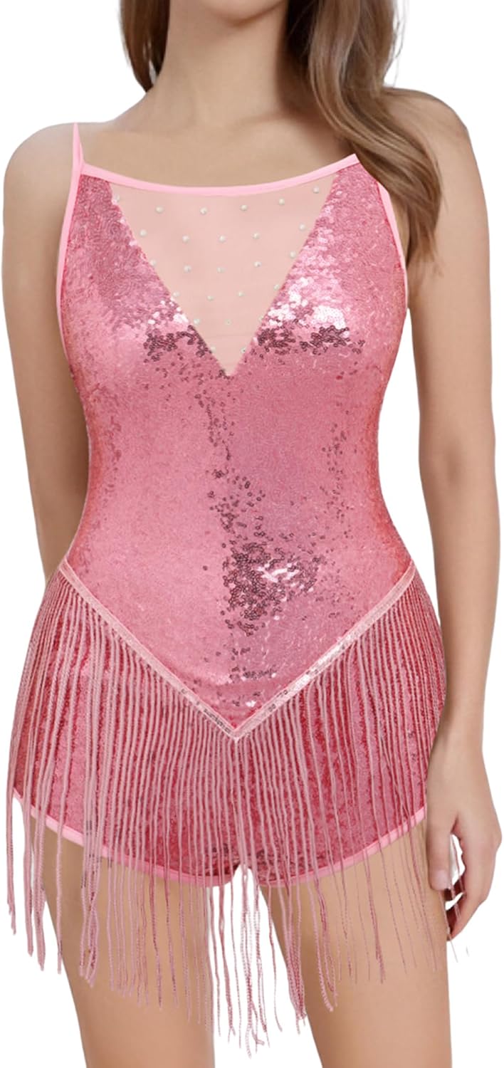 IBAKOM Women Fringe Sequins Bodysuit Latin Jazz Dance Dress Sparkly Tassel Rave Outfits Acrobat Circus Hip Hop Dance Costume