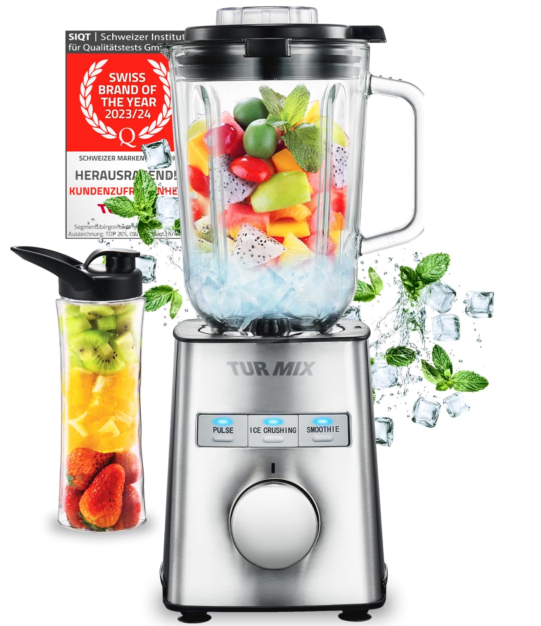 Turmix Mixeur sur socle haute performance CX 750 – 1000 W, couteau en acier inoxydable à 6 lames, smoothie maker & mixeur verre 1,5 L, gobelet à emporter, fonction continue & pulse