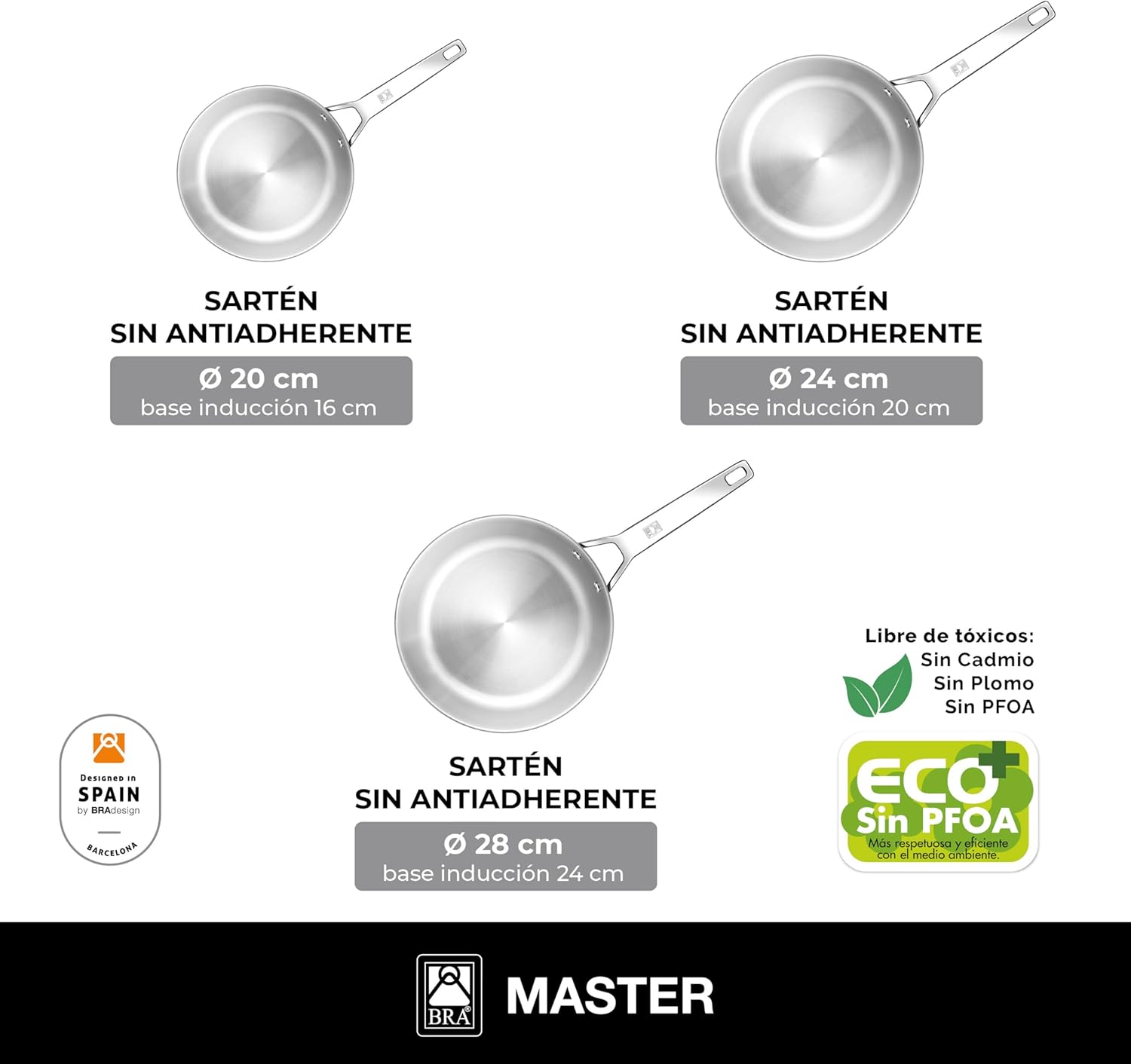 Vista general del set BRA Master de 3 sartenes de acero inoxidable 18/10 para inducción, medidas 20 24 y 28 cm