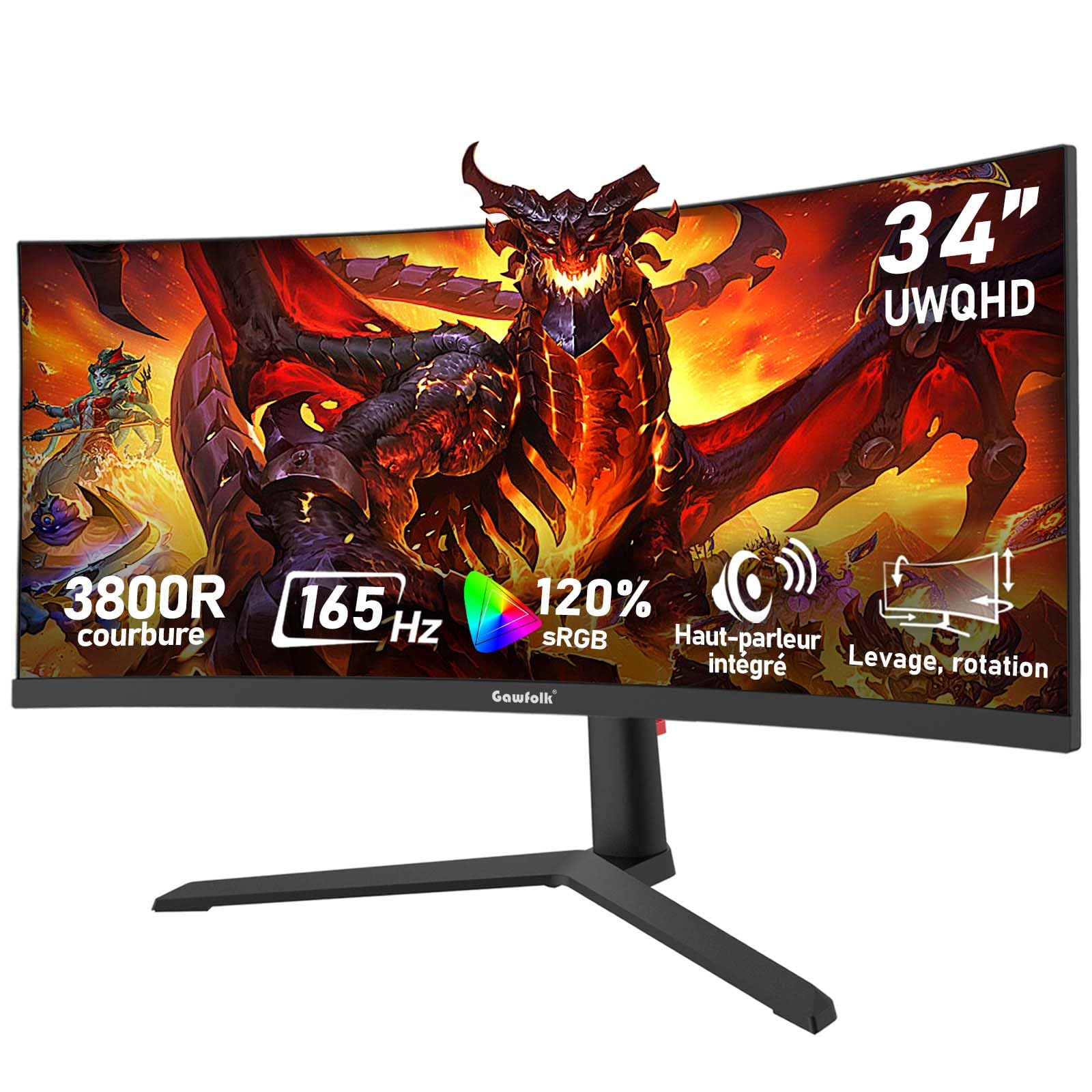 Gawfolk Écran PC Gaming Incurvé Ultrawide 34 Pouces 165 Hz, Moniteur 3800R 21:9 UWQHD (3440x1440), 120% sRGB, 1 ms, Adaptive Sync, Display Port, HDMI, Réglable en Hauteur, Haut-parleurs Intégrés-Noir
