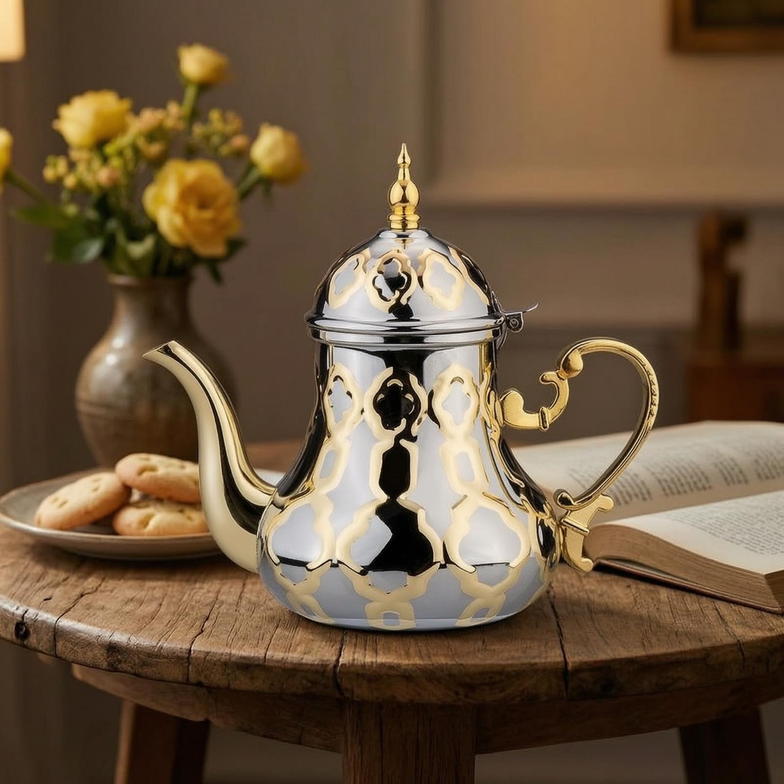 Colcolo Tetera de Acero Inoxidable Jarra Hervidor Cafetera con Cuerpo Compacto y Detalles Calados Vertido Suave y Acabado Pulido Adecuada para Casa Presentación en Estantes de Cocina, 1.2 Litros