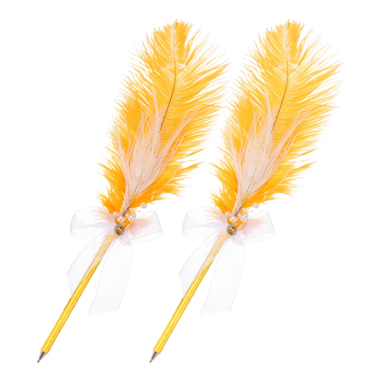 PATIKIL Feather Pen, 2Pcs Ostrich Vintage Feather Quill Pen 1mm Black Ink Signature Ballpoint Pens Fluffy Pearl Ribbon Design for Wedding Bridal Party Signing Writing, Gold Tone