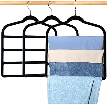 3 Pack Velvet Trouser Hangers - 4-Layer Space Saving Scarf and Jeans Hangers - Wardrobe Organiser and Space Saver Trouser Rack, Leggings Hanger, and Scarf Holder with Swivel Hook