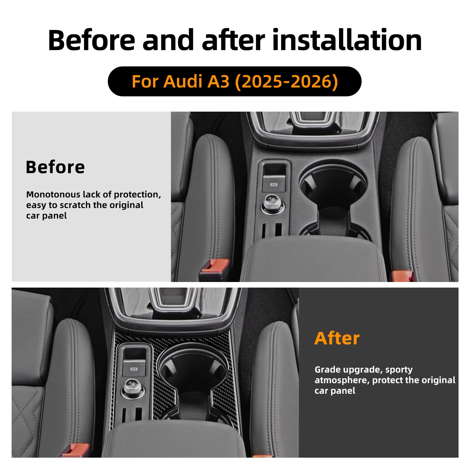 KUNGKIC Per Audi A3 S3 8Y 2025 2026 in fibra di carbonio auto controllo centralizzato copertura del portabicchieri porta bicchieri pannello adesivo interno accessorio regalo (nero)