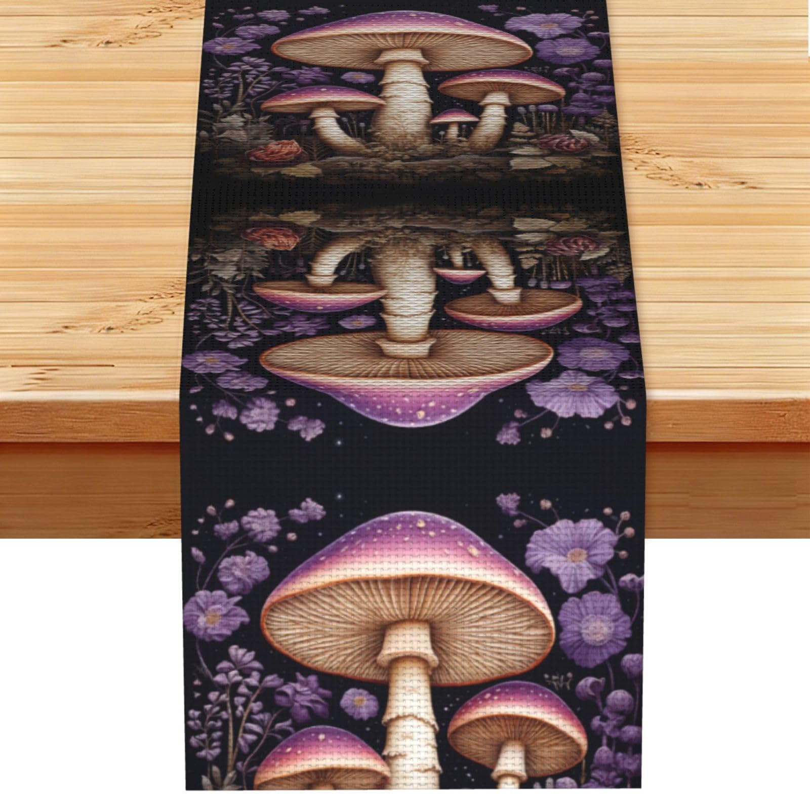 Two purple mushrooms in the woods Linen Feel Table Runner Wedding Party Home Decoration