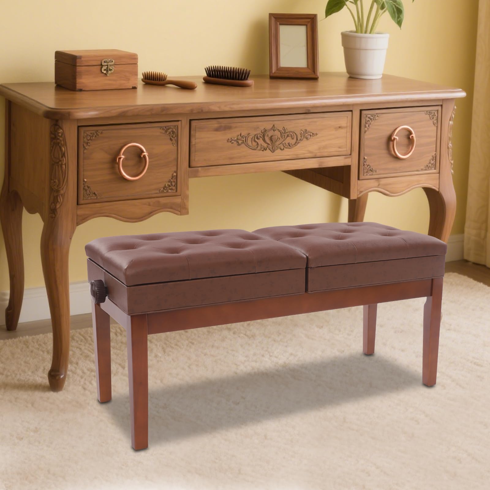 Banc de piano double siège avec espace de rangement - Grand tabouret de piano pour 2 personnes - Assises indépendantes réglables en hauteur - 108 x 39 x 48 cm (marron)