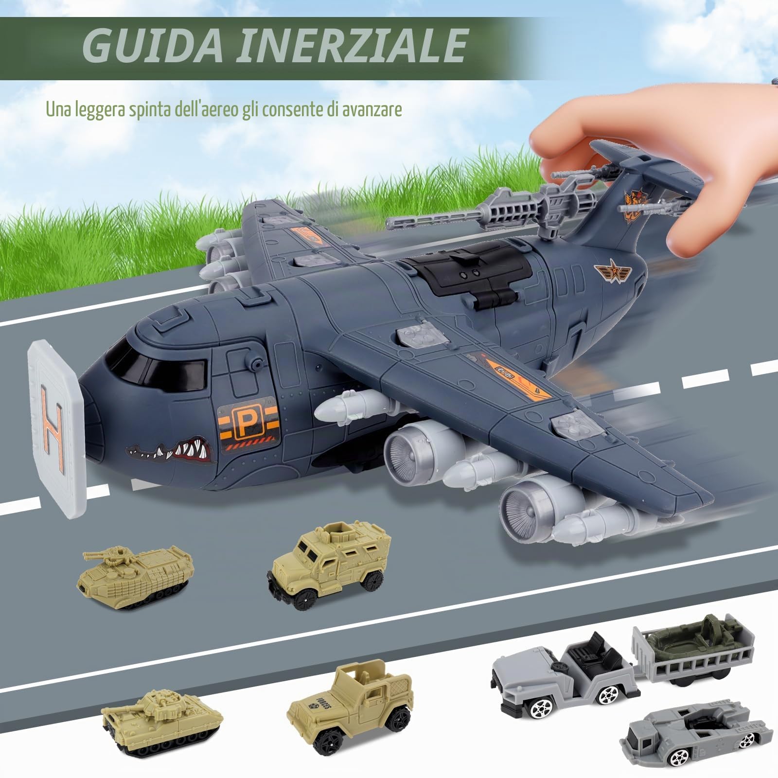 deAO Kit Giocattolo per Veicoli Militari, Set Giocattolo Aereo da Trasporto Cargo Militare con 10 Soldati, 10 Veicoli, Mini Veicolo da Combattimento, Aereo Militare, Regalo per Bambini di 3 Anni