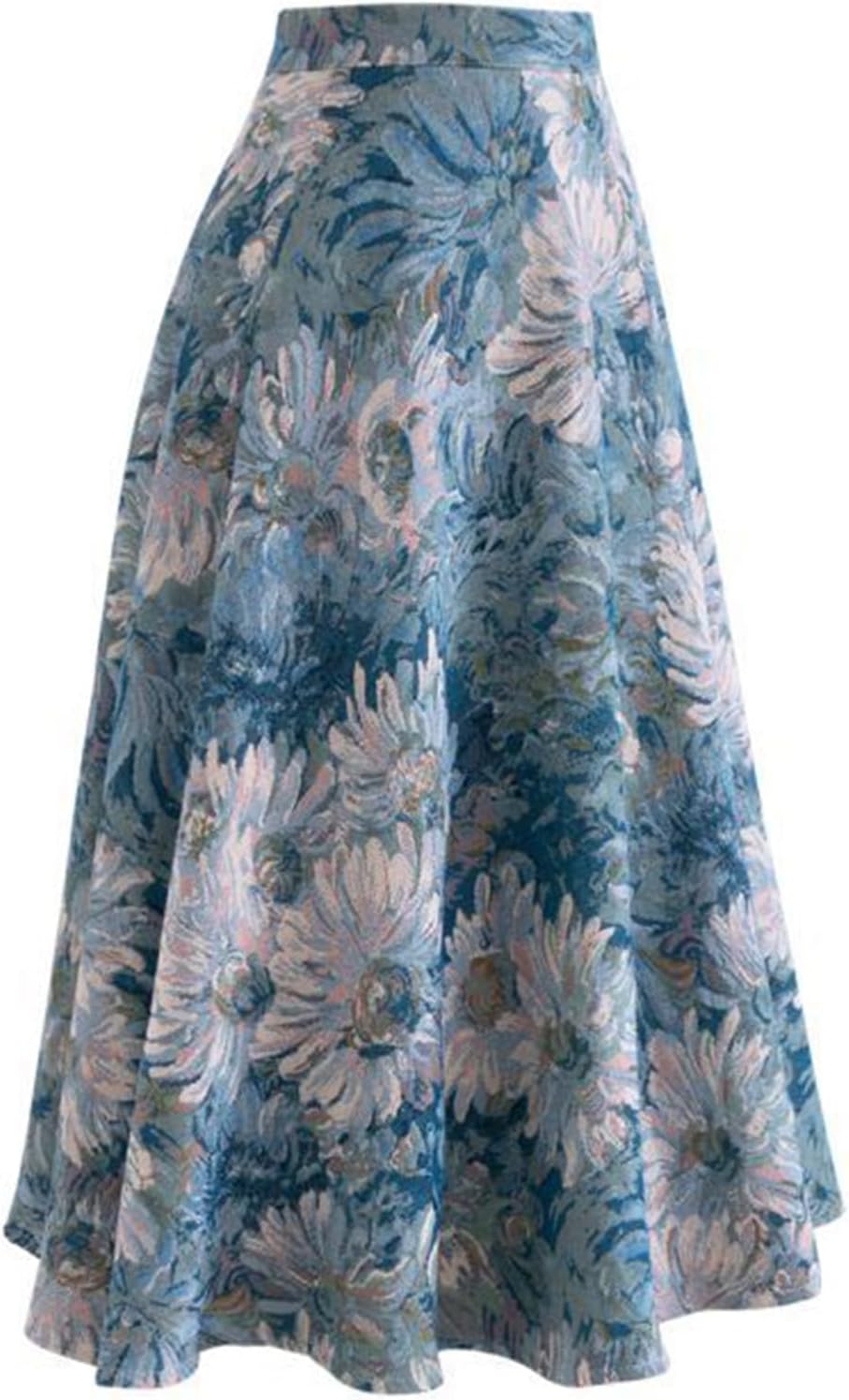 CHICWISH Women Flower Canvas Jacquard Midi Skirt Casual High Waist A Line Swing Flare Summer Long Skirts