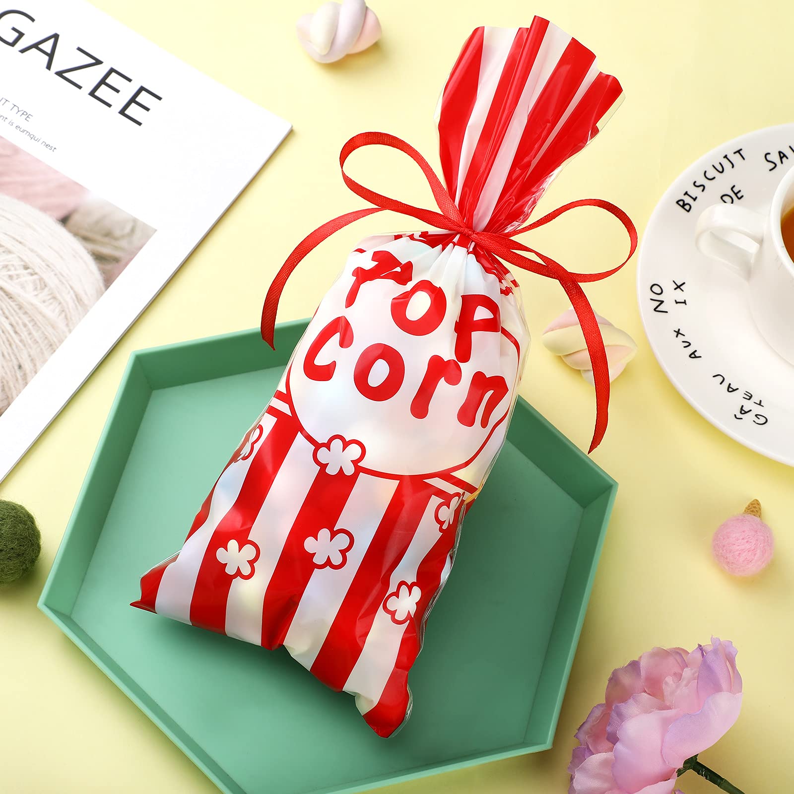 100 Pcs Popcorn Party Bags - Red & White Stripe Treat Bags With Ribbon For Carnival & Birthday Favors