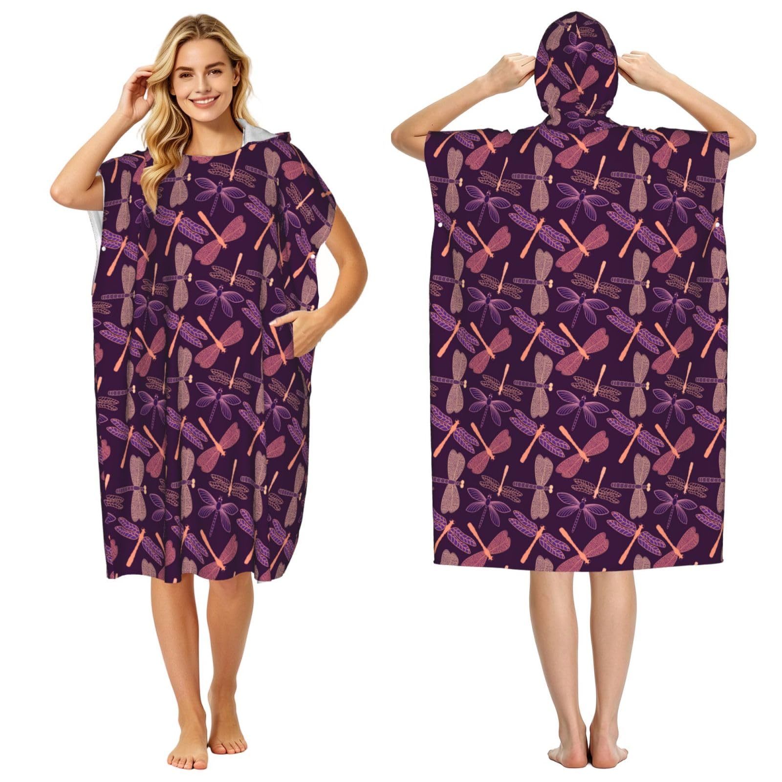 Poadnly Purple Dragonfly Printing, Adult Hooded Beach Towel 90 x 110 cm,Changing Bath Robe, Surf Poncho Towel For Women Men