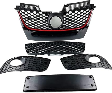 Front Honeycome Grille Red Stripe Center Hood Grills Lower Fog Light Grill Compatible for VW -Golf MK5 GTI Jetta MK5 GLI 2006-2011