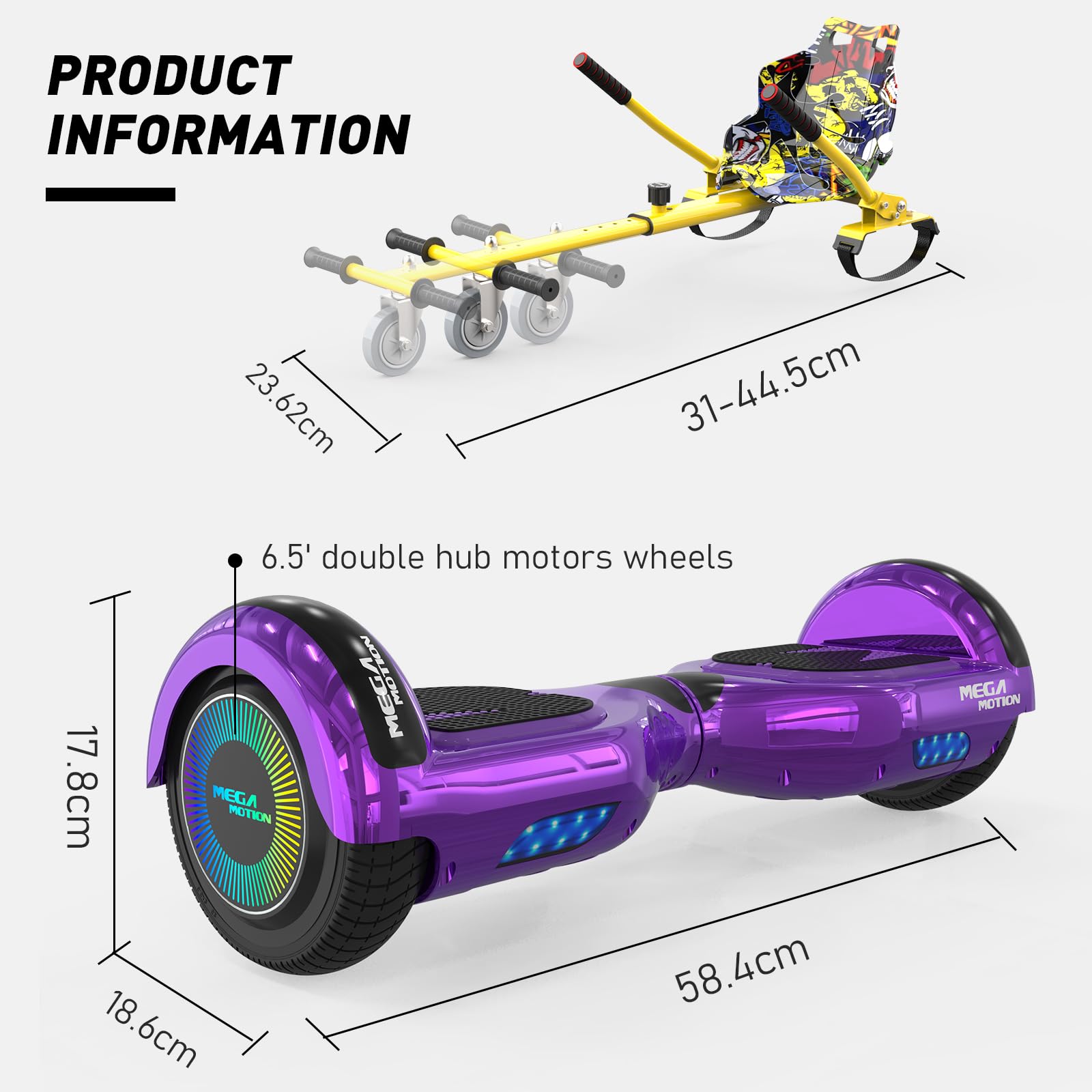 MEGA MOTION Hoverboards mit Hoverkart für Kinder, 6.5 Zoll Hoverboards mit Bluetooth Lautsprecher, mit LED-Leuchten, Geschenk für Kinder und Jugendliche
