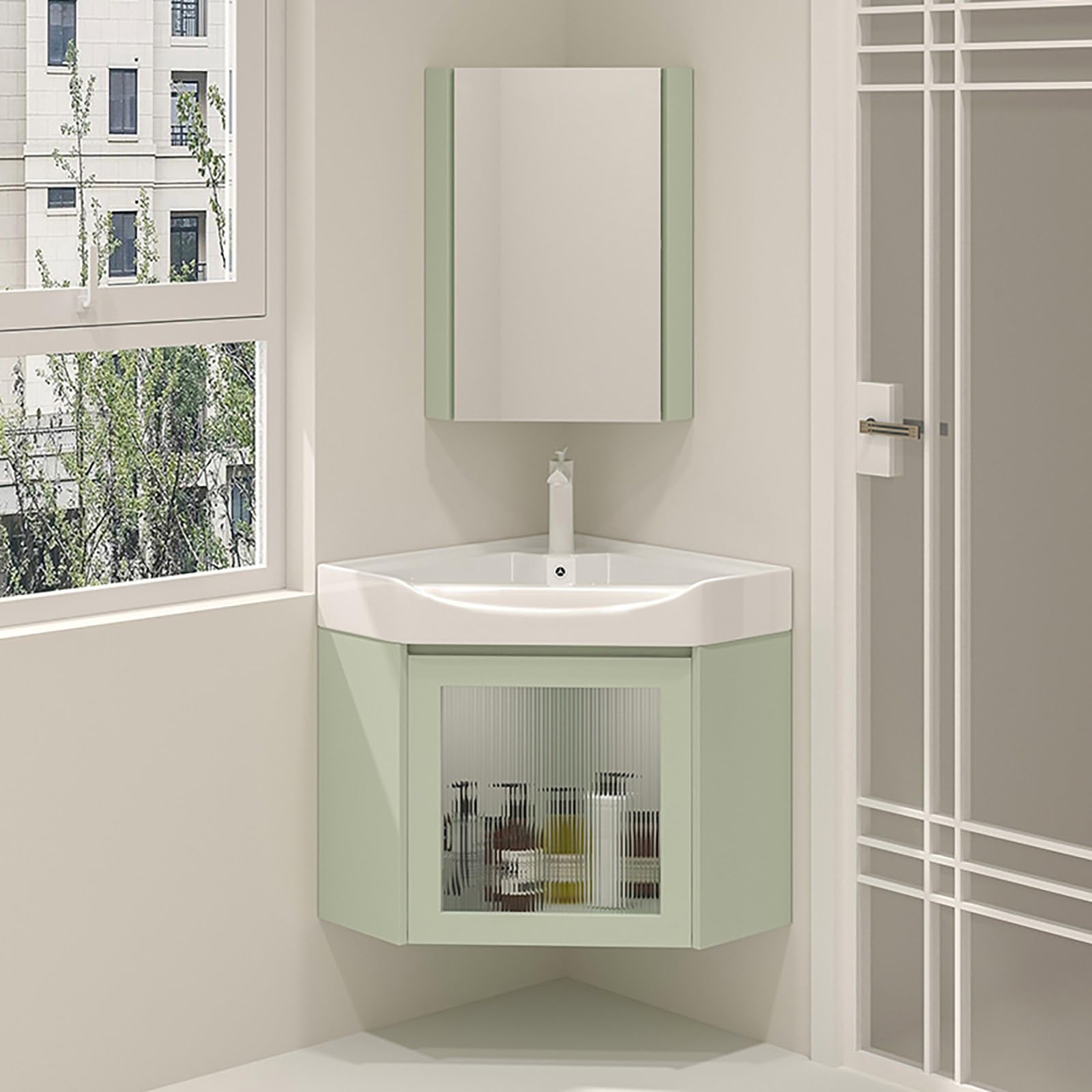 GLJTUO Modern Corner Bathroom Vanity with Sink & Mirror - Space-Saving Floating Storage Cabinet with Faucet & Drain, Stylish Small Space Furniture, Ceramic Sink Design for ct Ba,Green-47cm/18.5in