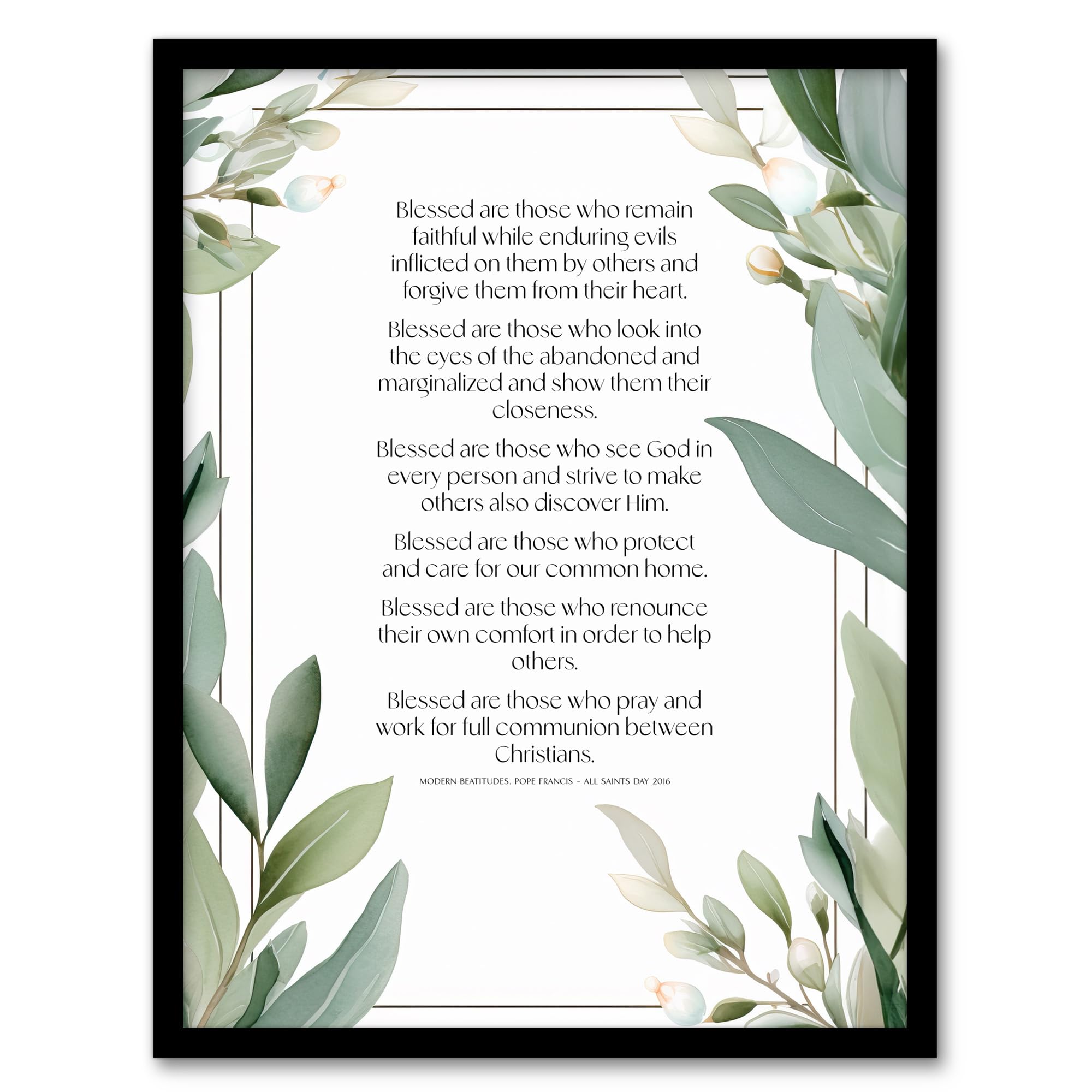Blessed Beatitudes Green Pope Francis Quote Bible Framed Art Print - Artery8 - A4 Size
