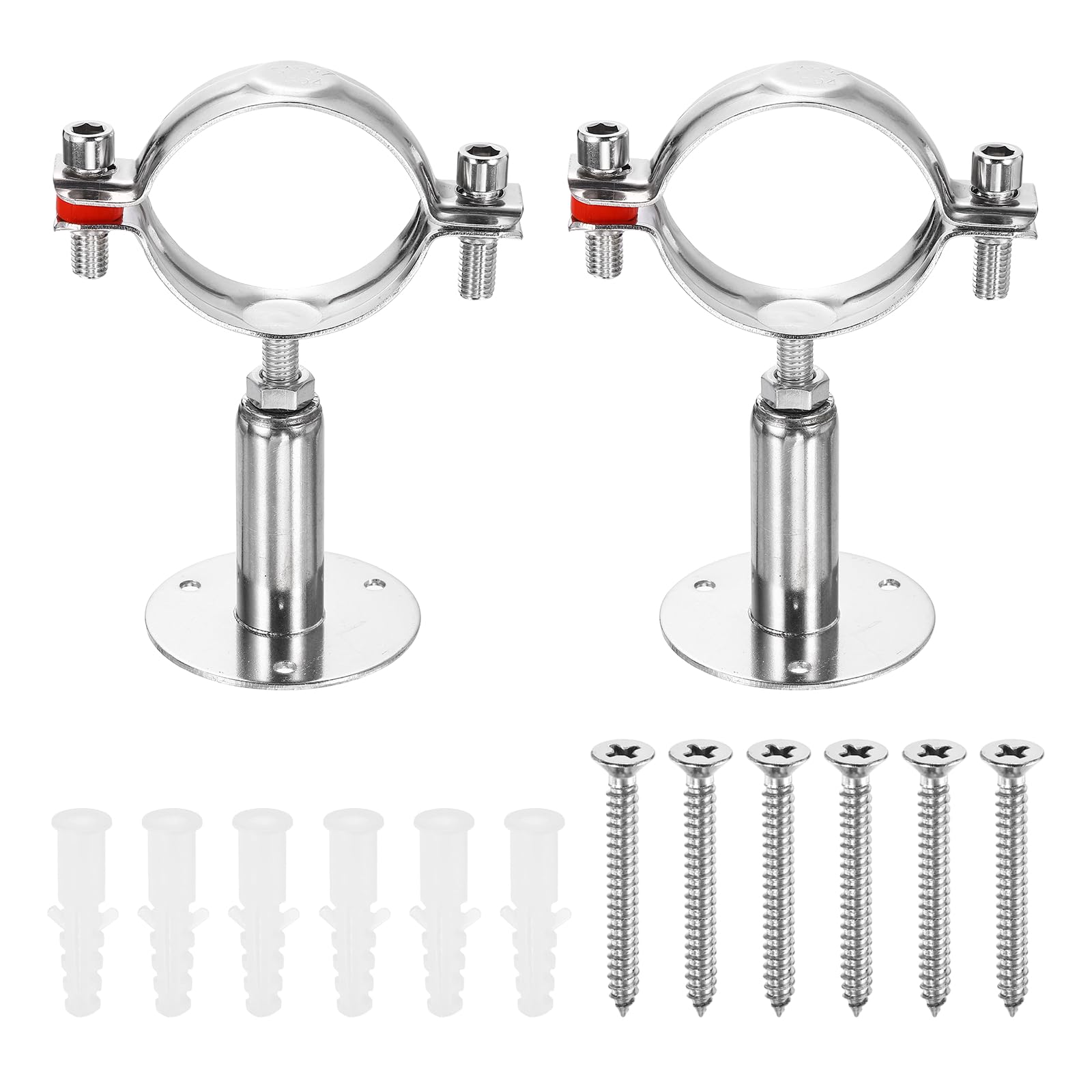 sourcing map 2 Set Wall Mount Ceiling Mount Pipe Supports 304 Stainless Steel Adjustable Pipe Bracket Clamp with Screw for OD Pipe 2"-2.2" (51-57mm) Adjustable Height 50-100mm