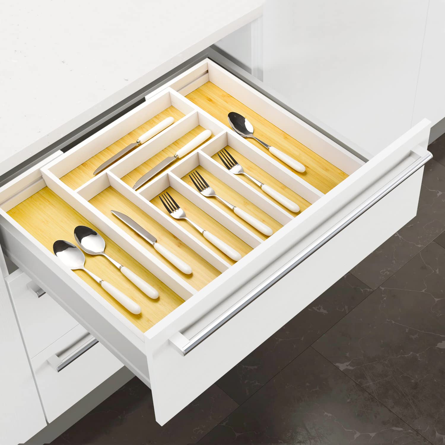 Bamboo drawer organizer, utensil holder, silverware organizer, and adjustable cutlery tray with drawer dividers, for kitchen, office desk, and bathroom storage (White)
