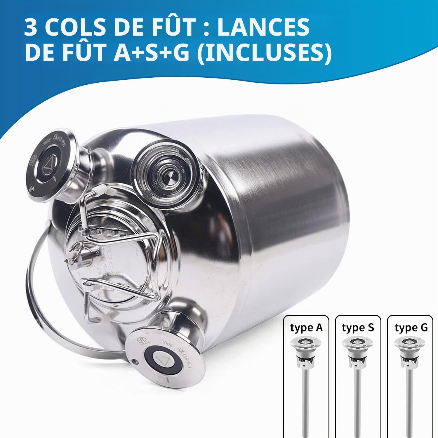 Fût de nettoyage de bière 10 l en acier inoxydable – Kit de nettoyage avec brochettes A, S, G – Distributeur de bière et nettoyant pour canalisations de bière – Réservoir de nettoyage