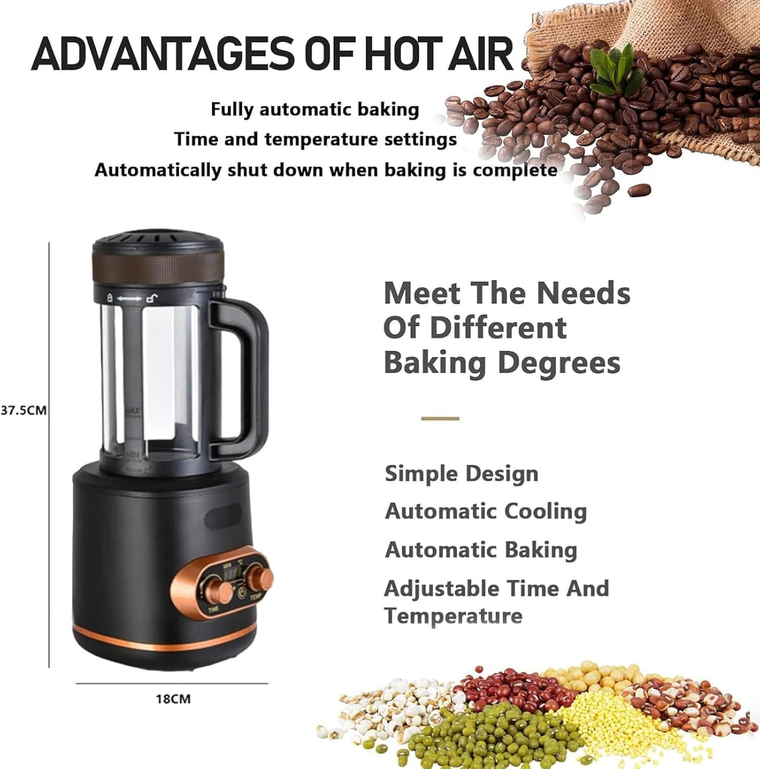 Machine à torréfier le café électrique, 300g 2200W Torréfacteurs automatiques avec fenêtre transparente, température/temps réglables, air chaud/froid, idéale pour maison, bureau, café et usage commerc