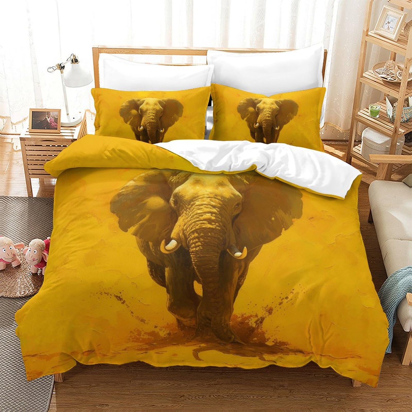 Housse de couette 200x200 éléphants 3D parure de lit microivre double avec taies