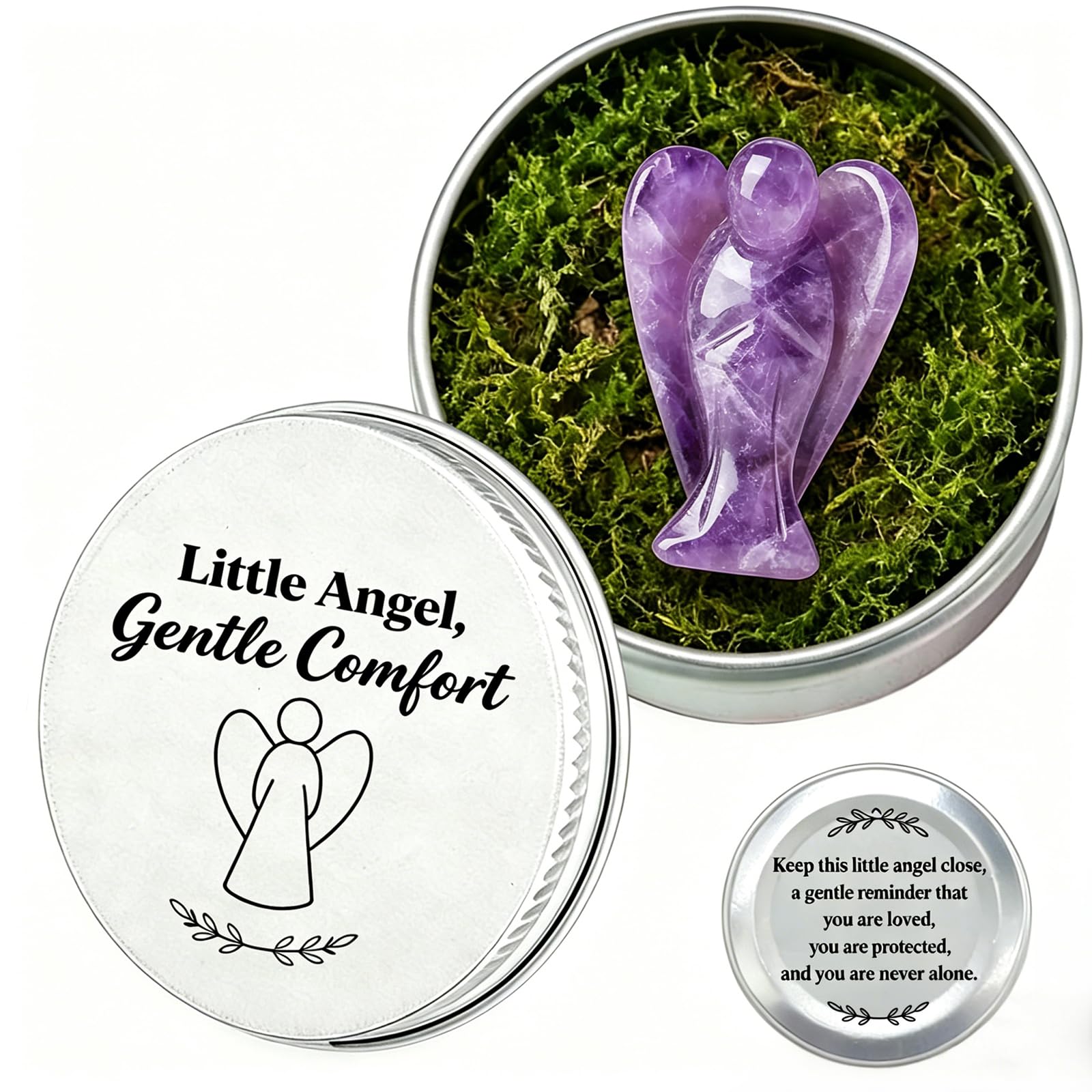 Phiomuue Women's Purple Little Angel Gentle Comfort Amethyst Crystal Angel Ornament – Spiritual Gifts For Guardian Angel Gifts,Healing Crystal Gifts In A Tin(Purple)