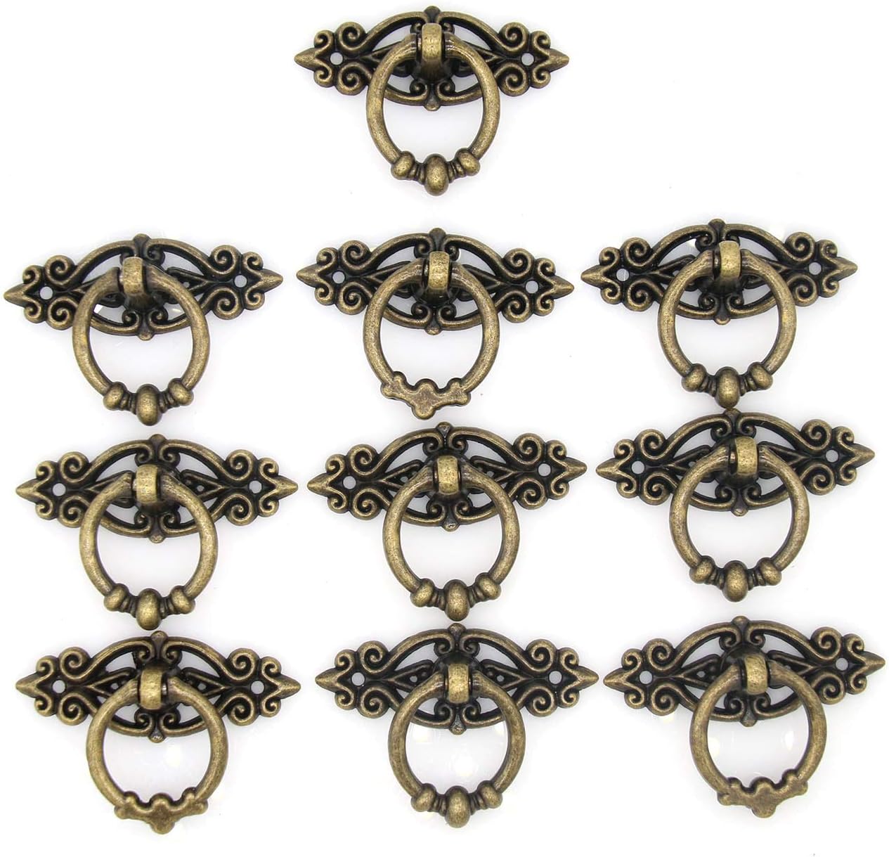 10 PCs Vintage Distressed Antique Brass Finish Ring Pulls Handles for Cabinet Cupboard Drawer Dresser, Length 2.5-in (6.5 cm) and Width 1.8-in (4.7 cm)