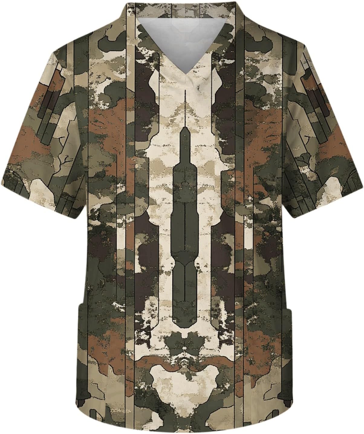 Men's Short Sleeve Camo Scrubs Shirts Unisex Spring Summer Work Scrub Top with Pockets