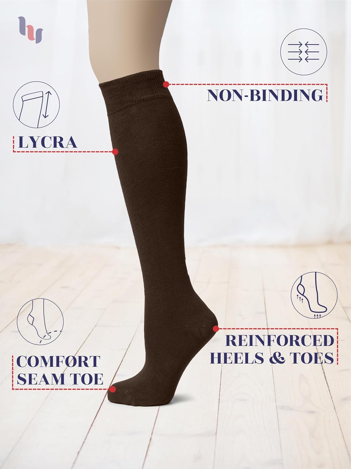 Hugh Ugoli Women Cotton Knee High Socks, 4 Pairs, Long Dress School Uniform