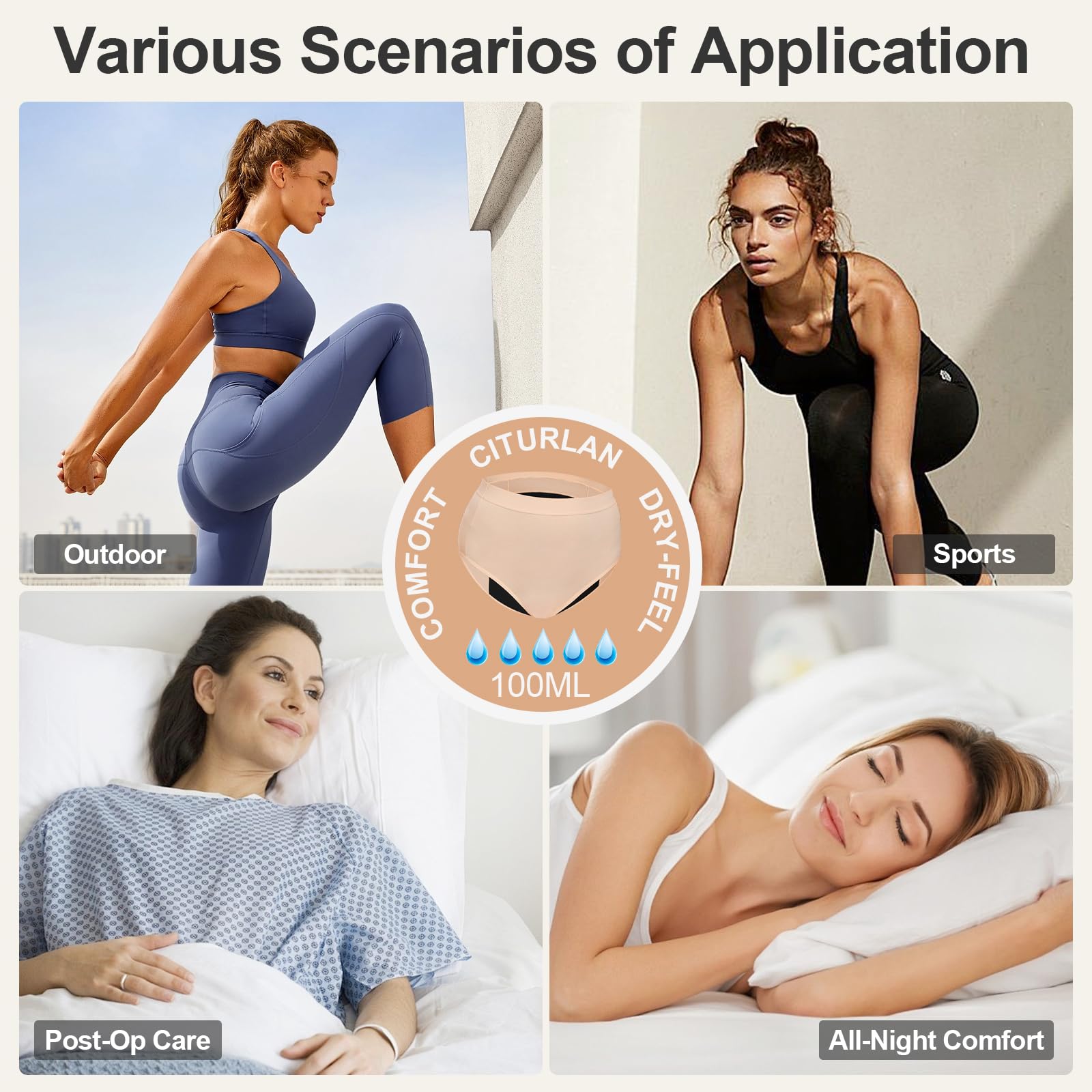 Sous-vêtements d'incontinence pour femmes, capacité d'absorption de 100 ml, anti-fuites et lavables,sous-vêtements menstruels, culottes menstruelles taille haute pour la nuit et une utilisation active