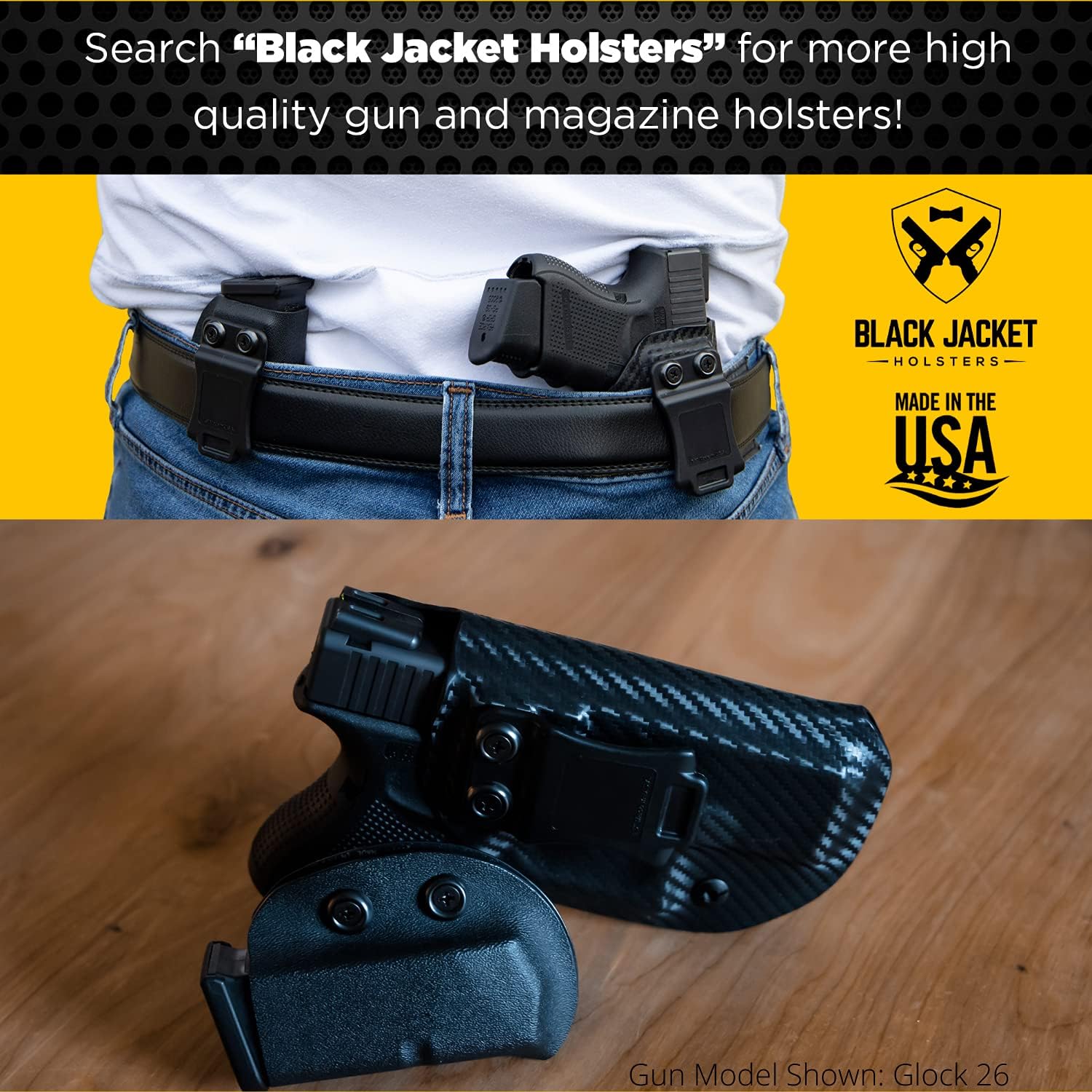 Black Jacket Holster Gun Holsters | Inside Waistband Concealed Carry Holster | IWB KYDEX Firearm Accessories with Adjustable Retention & Full Sweat Shield