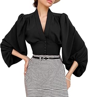 Womens Court Lantern Sleeve Shirts Wrap V Neck Buttons Pleated Blouses Solid Color Slim Fit Elegant Chiffon Shirt (Black,Small)