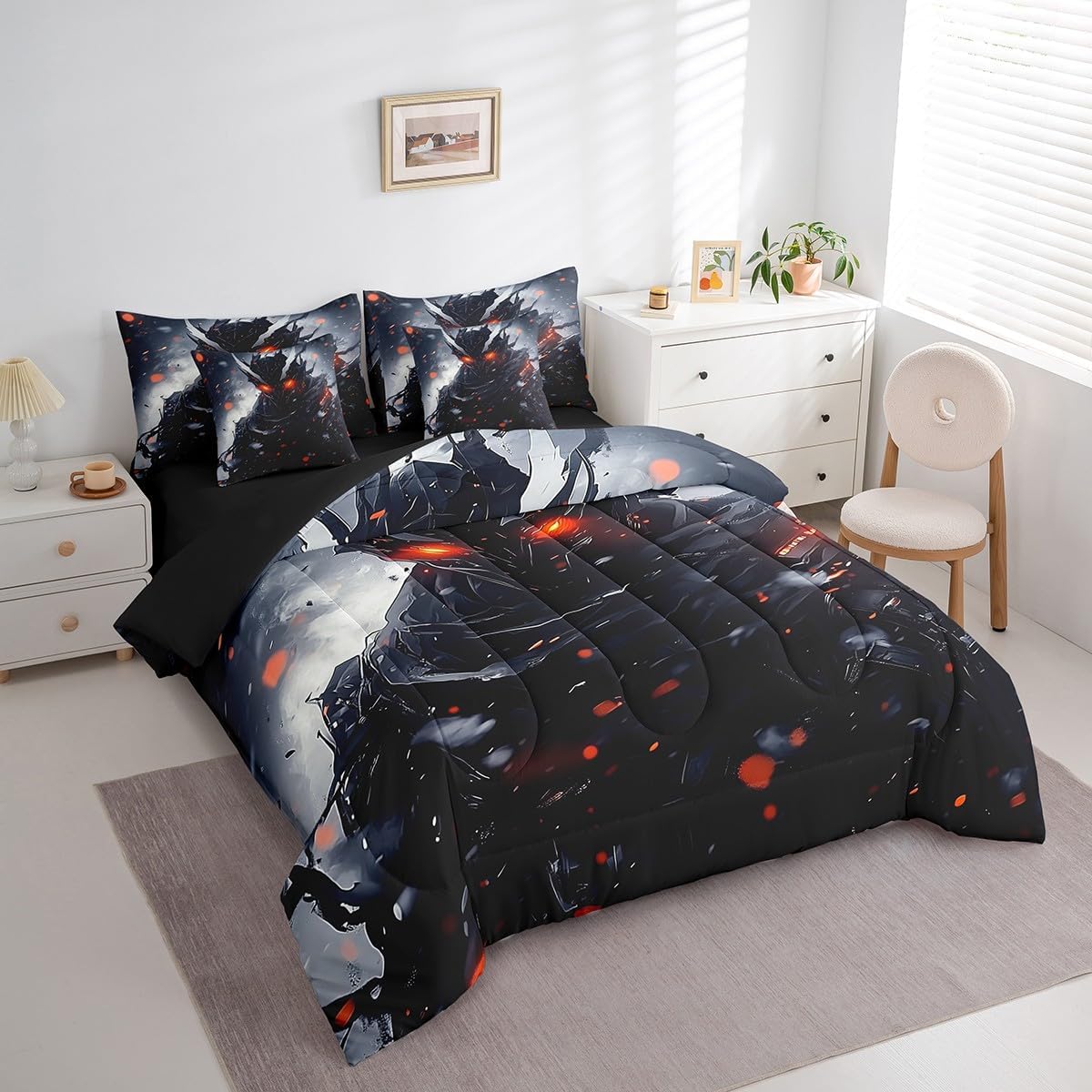 Erosebridal 3D Samurai Bed in a Bag 7 Pieces for Boys Men Japanese Style Bedding Set, Black and Grey Queen Size Comforter Set Anime Theme Bedding Comforter Sets, Gray Ombre Tie Dye Watercolor Bed Set
