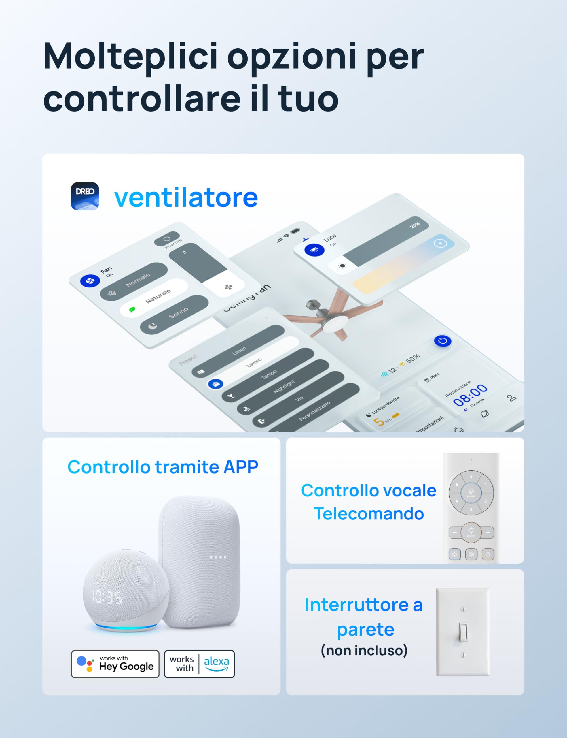 DREO Ventilatore a Soffitto Smart 132 cm, Luce LED con Tonalità Regolabili e Dimmerabile, 12 Velocità, 3 Modalità, Timer 12h, Motore DC Silenzioso, con Telecomando/APP/Alexa