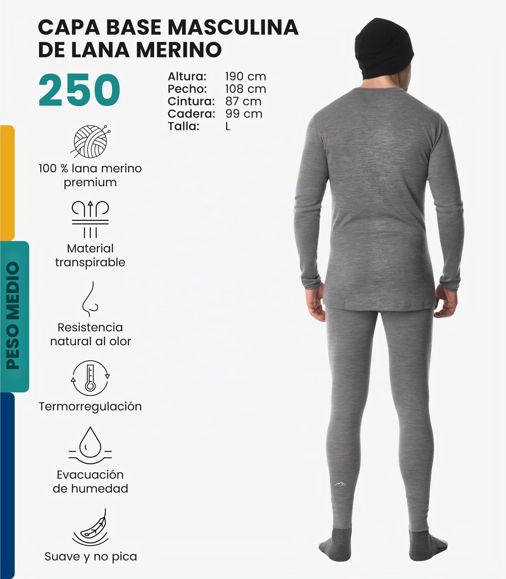 Merino.tech Conjunto Lana Merino Hombre - 100% Lana Merino con Calcetines (Large, Heather Grey)