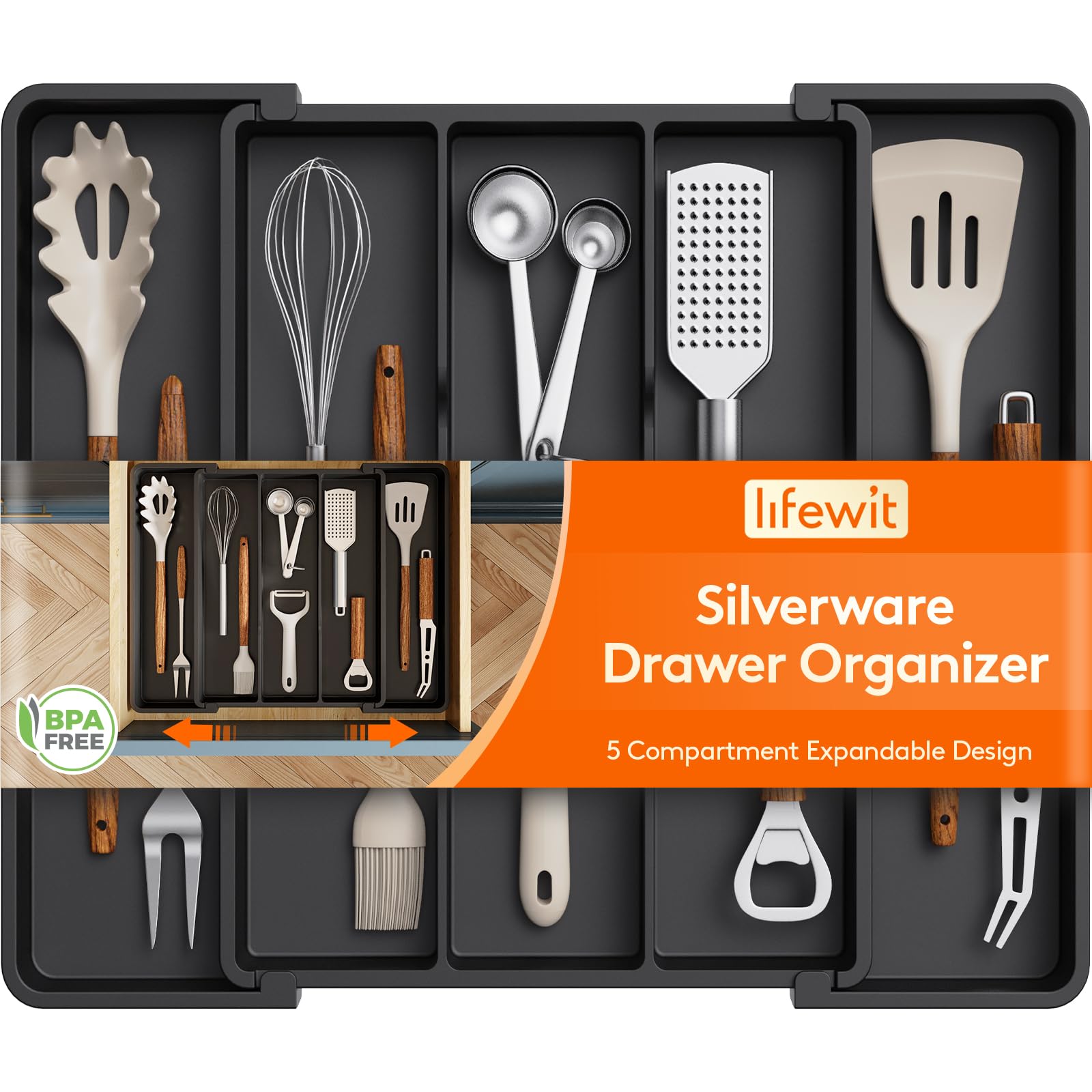 Lifewit Cooking Utensil Drawer Organizer, Expandable from 11 to 18 inches, Adjustable Cutlery Silverware Tray, Plastic Flatware Spatula Holder, Kitchen Tools Gadgets Storage Divider, Black
