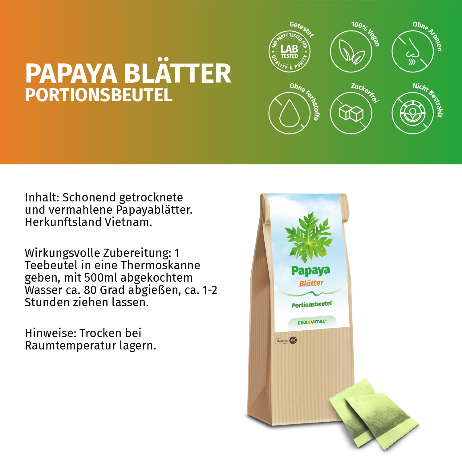 Papaya-Blätter und Papaya-Stängel gemahlen und portioniert im Filterbeutel ohne weitere Zusatzstoffe in Portionsbeutel (120 stück (1er Pack))