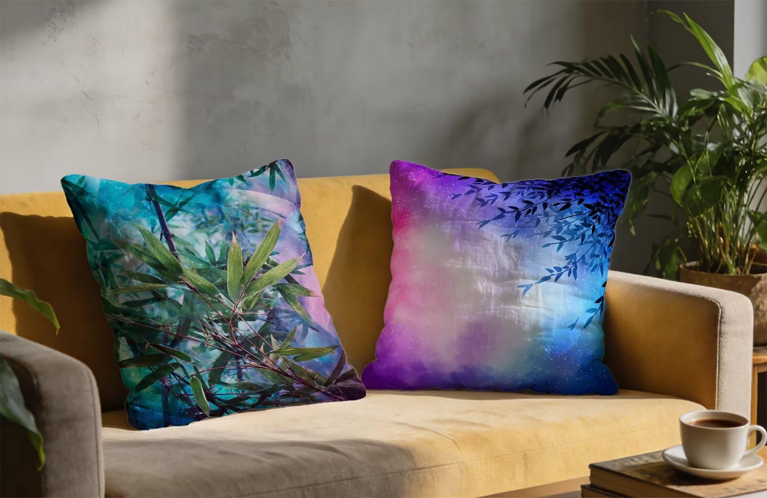 Poszewki na poduszki 80 x 80 cm, zestaw 2 liści, poszewki na poduszki na sofę, kwadratowe, lniane, dekoracyjne, kolorowe, niewidoczny zamek błyskawiczny, dwustronny nadruk, na lato, wiosnę, dekoracja