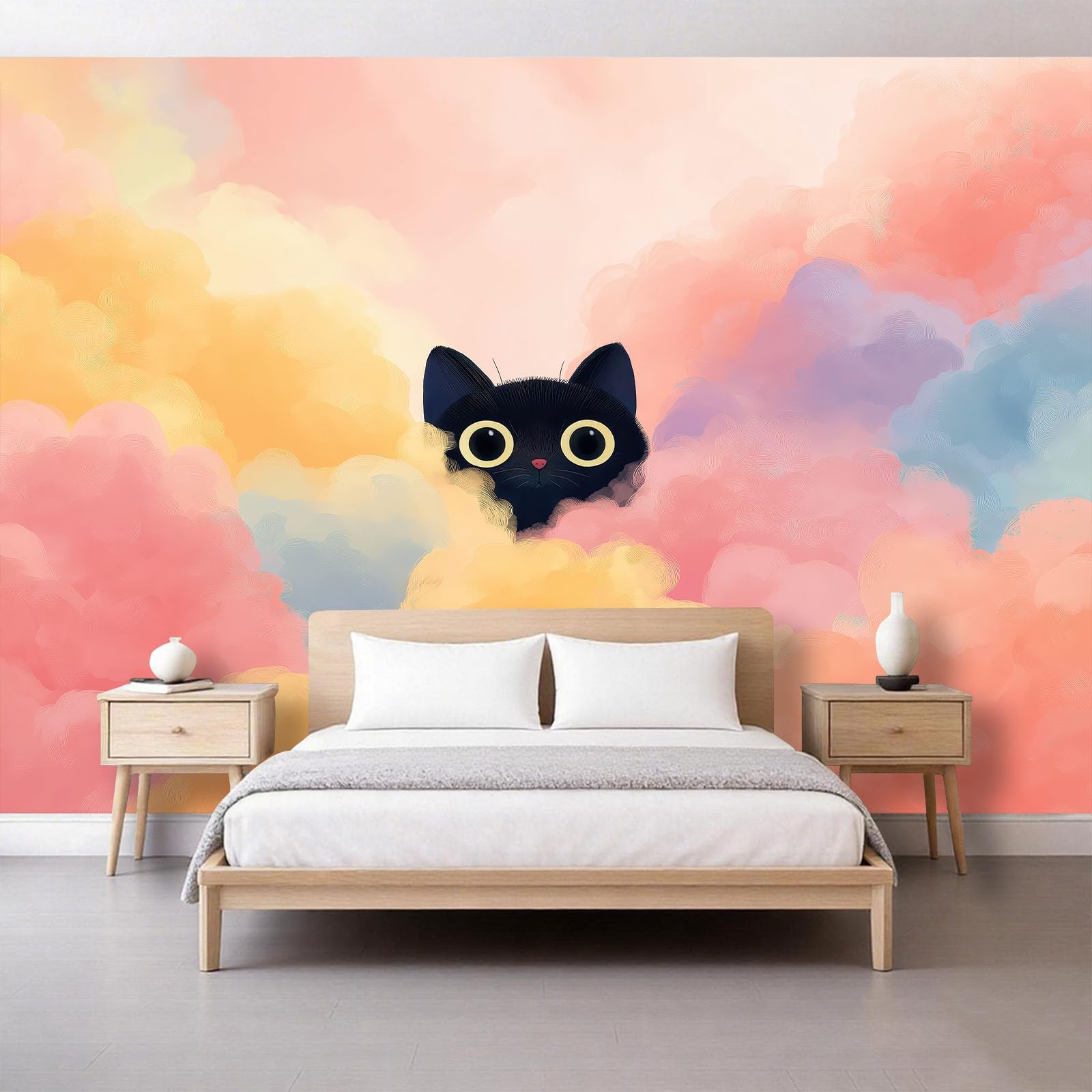Tapeta mural 3D panoramiczny fototapeta 200 x 140 cm marzycielska chmura kot tło ściana dekoracja wnętrza tapeta, różowy efekt 3D plakat dekoracja do sypialni salonu