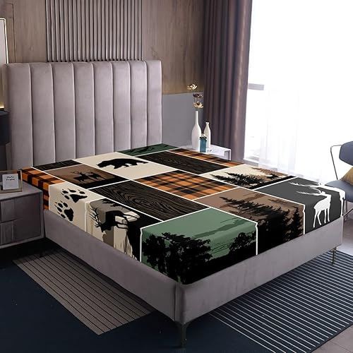Miniatura 173 de Sábana bajera ajustable de oso de caza, juego de ropa de cama a cuadros de búfalo, sábanas de retazos de cabaña rústica para niños, niños, Multi