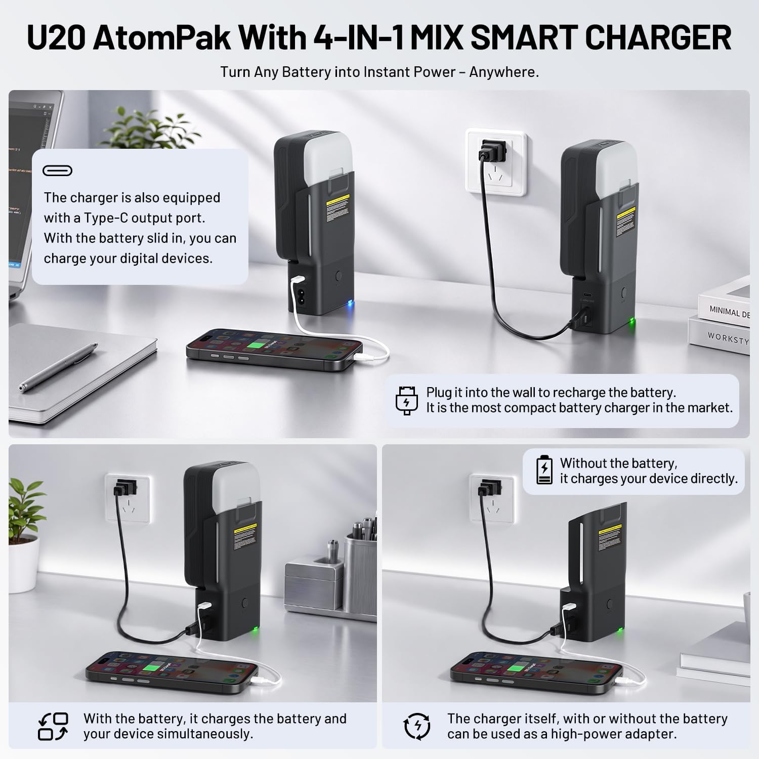 Litheli U20 Smart Charger 20V 45W Fast Charging Station for All U20 Batteries,Reverse Charging Function