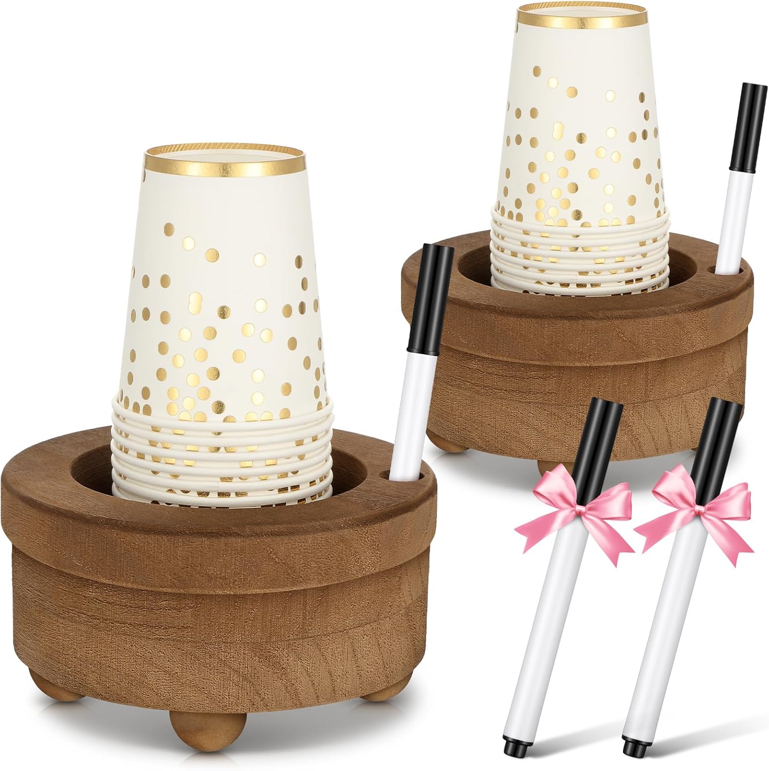 2 Pcs Wooden Cup Holder with Marker Slot Brown Cup Holder Dispenser Disposable Mug Dispenser for Party Decoration Bathroom Kitchen Showers Picnic Housewarming Couples Gift (Classic Style)