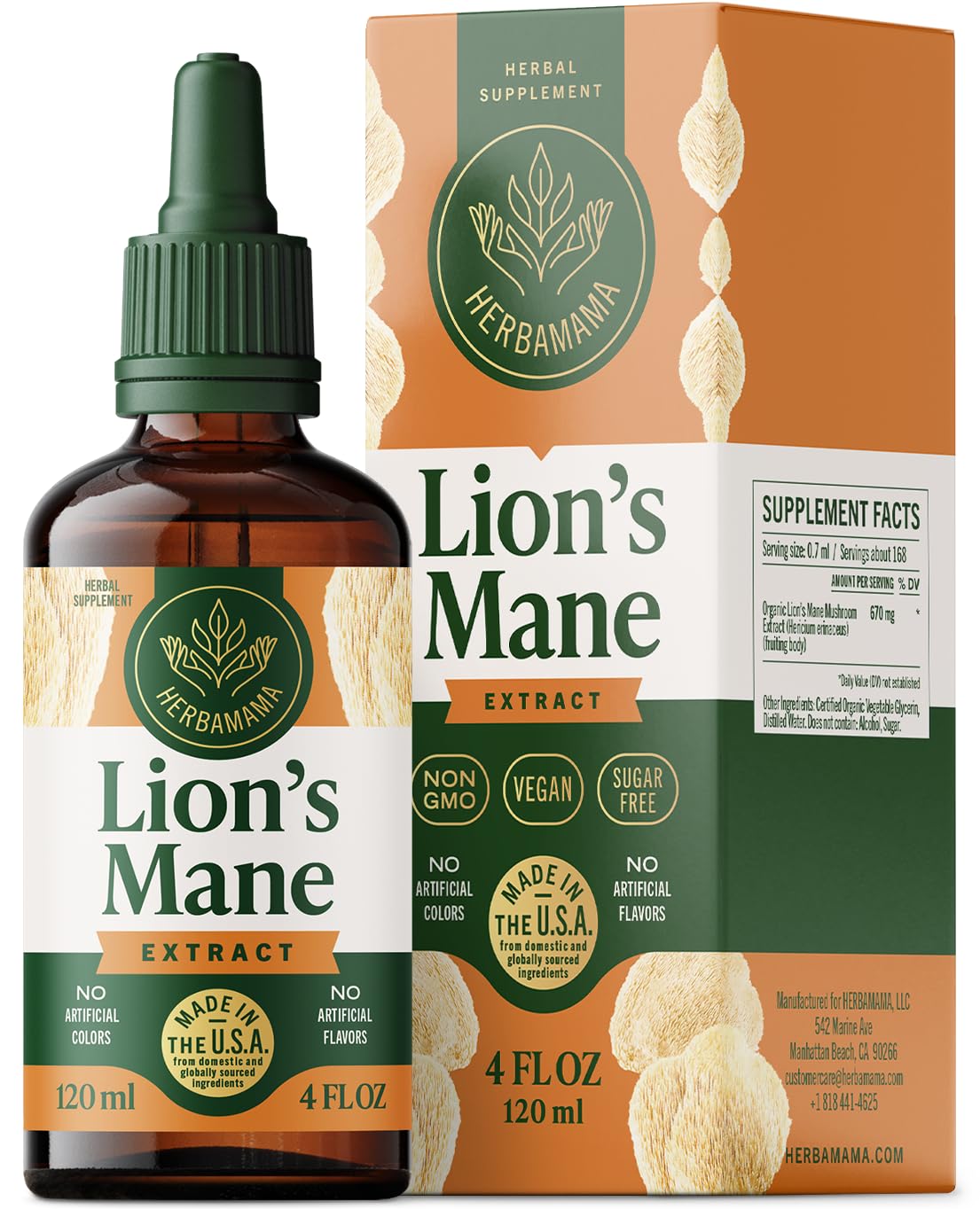 HERBAMAMA Lions Mane Tincture - Vegan Focus & Nerve Support with Lion's Mane Mushroom Extract - Hericium Erinaceus Brain Support Supplement - Non-GMO, Alcohol & Sugar-Free - 84-Day Supply