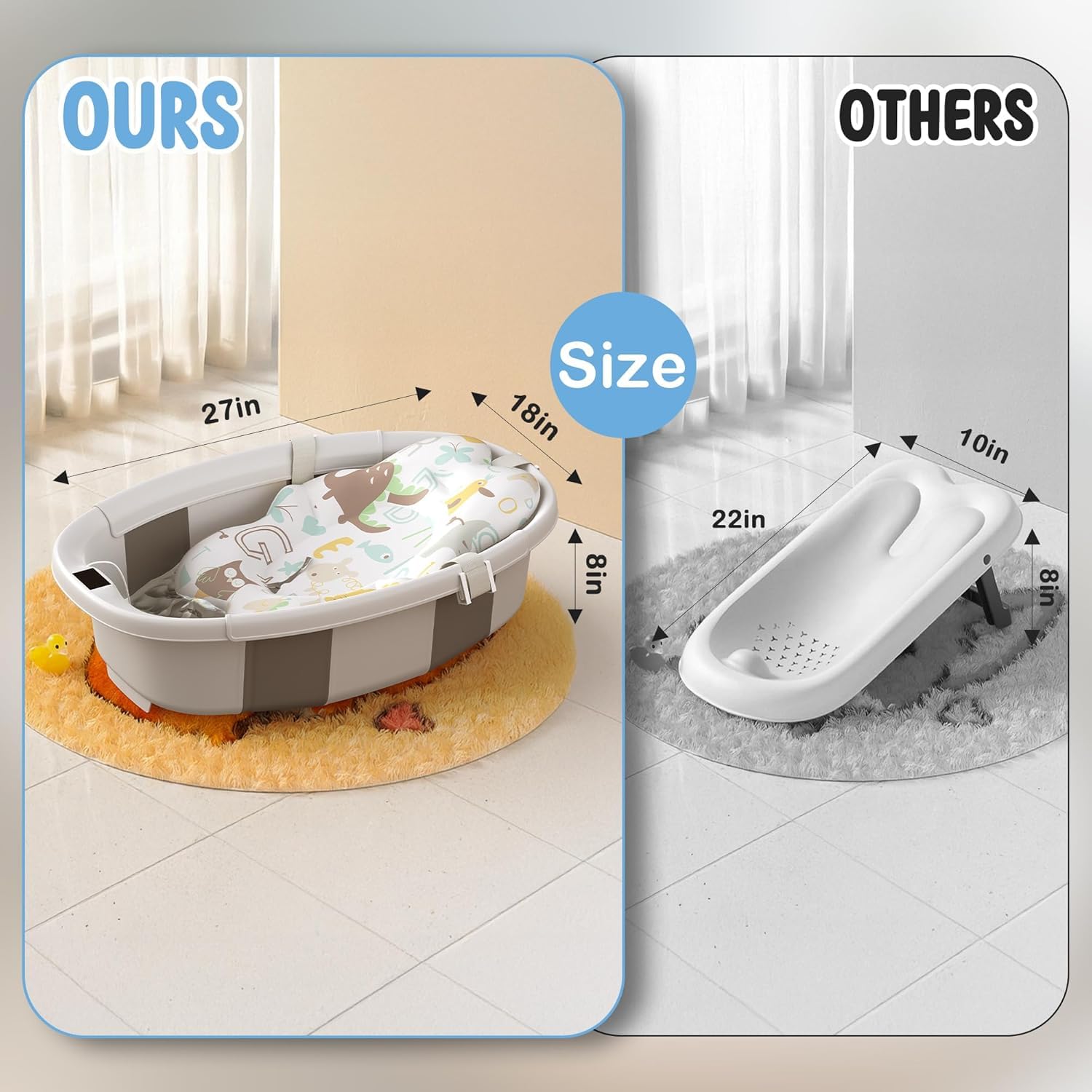 Bañera plegable para bebé con termómetro de detección de temperatura en tiempo real, juguete de baño gratis con almohadilla de cojín