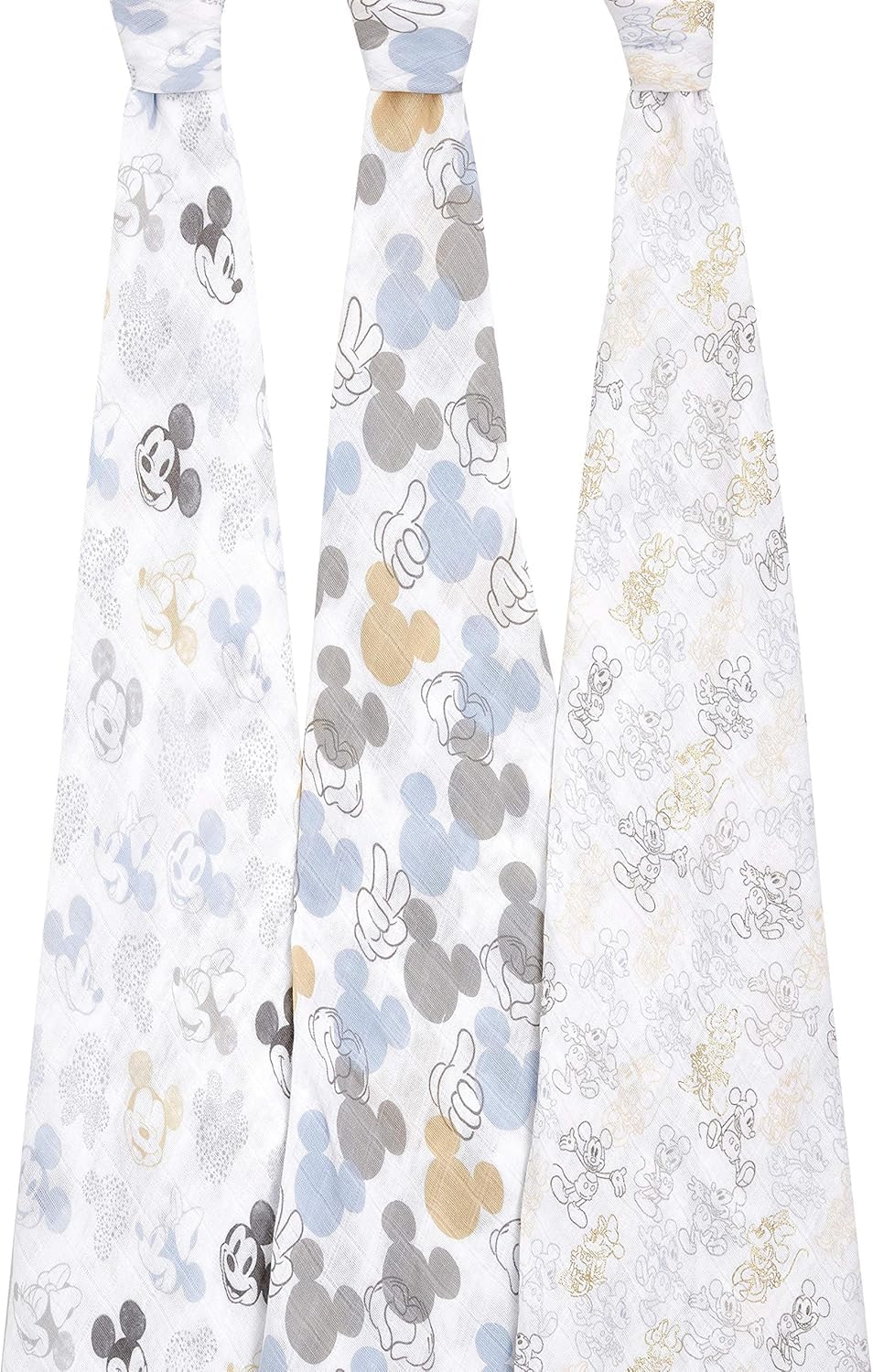 aden + anais 3 Maxi-Langes Grand Format prélavés en Mousseline de Coton métallisée, Couverture Douce et légère, Allaitement, Garçon, Fille, Lot de Trois, 120cm x 120cm, Imprimé Mickey + Minnie