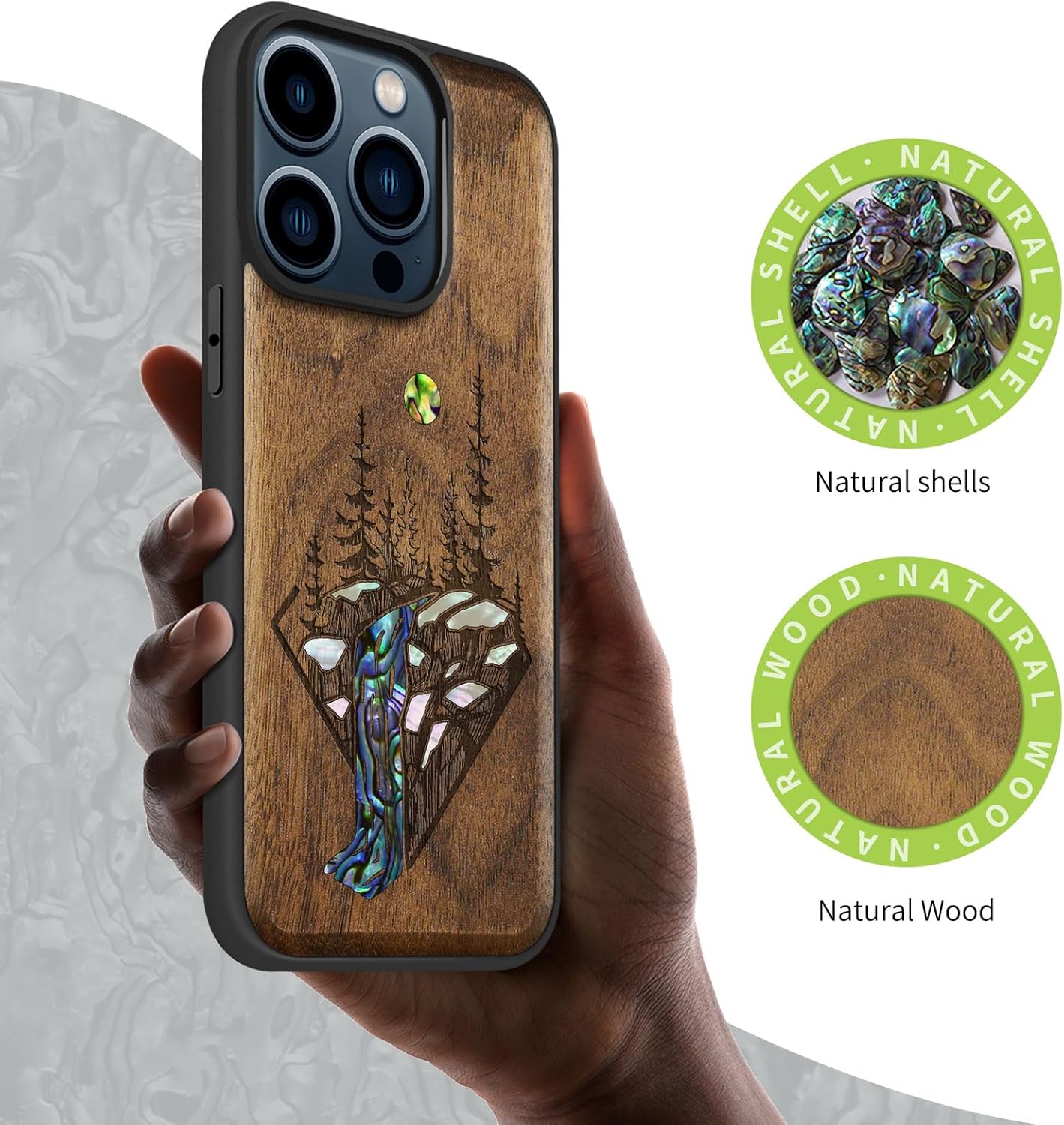Carveit Wooden Case for iPhone 15 Pro Magnetic Case, Compatible with MagSafe Wireless Chargers, Shockproof Cover, Handmade Shell Inlaid & Wood Artisan Engraved (Forest and Waterfall) Walnut