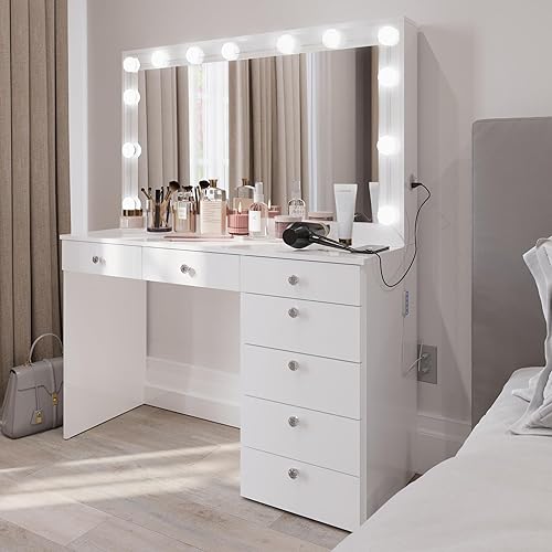 Miniatura 4 de Boahaus Joan - Escritorio de maquillaje con 7 cajones, espejo ancho y 14 bombillas adicionales Joan - Blanco moderno con pomos de cristal para