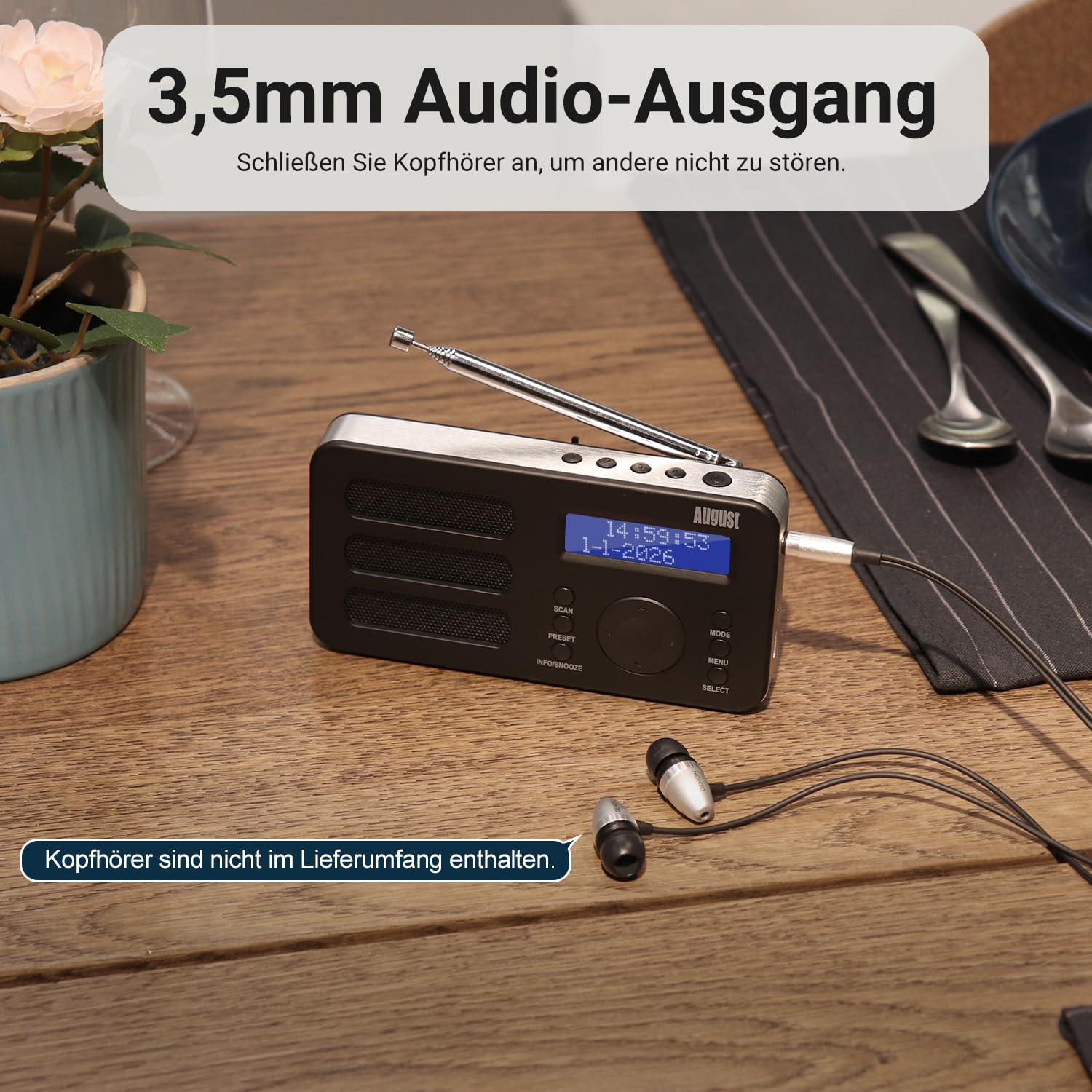 August MB225 Tragbares Radio mit DAB+/DAB/FM - RDS 40 Presets Radiowecker Stereo/Mono Digitalradio mit Sleeptimer Doppelalarm Snooze und wiederaufladbare Batterie Audioanschluss einfach für Senioren