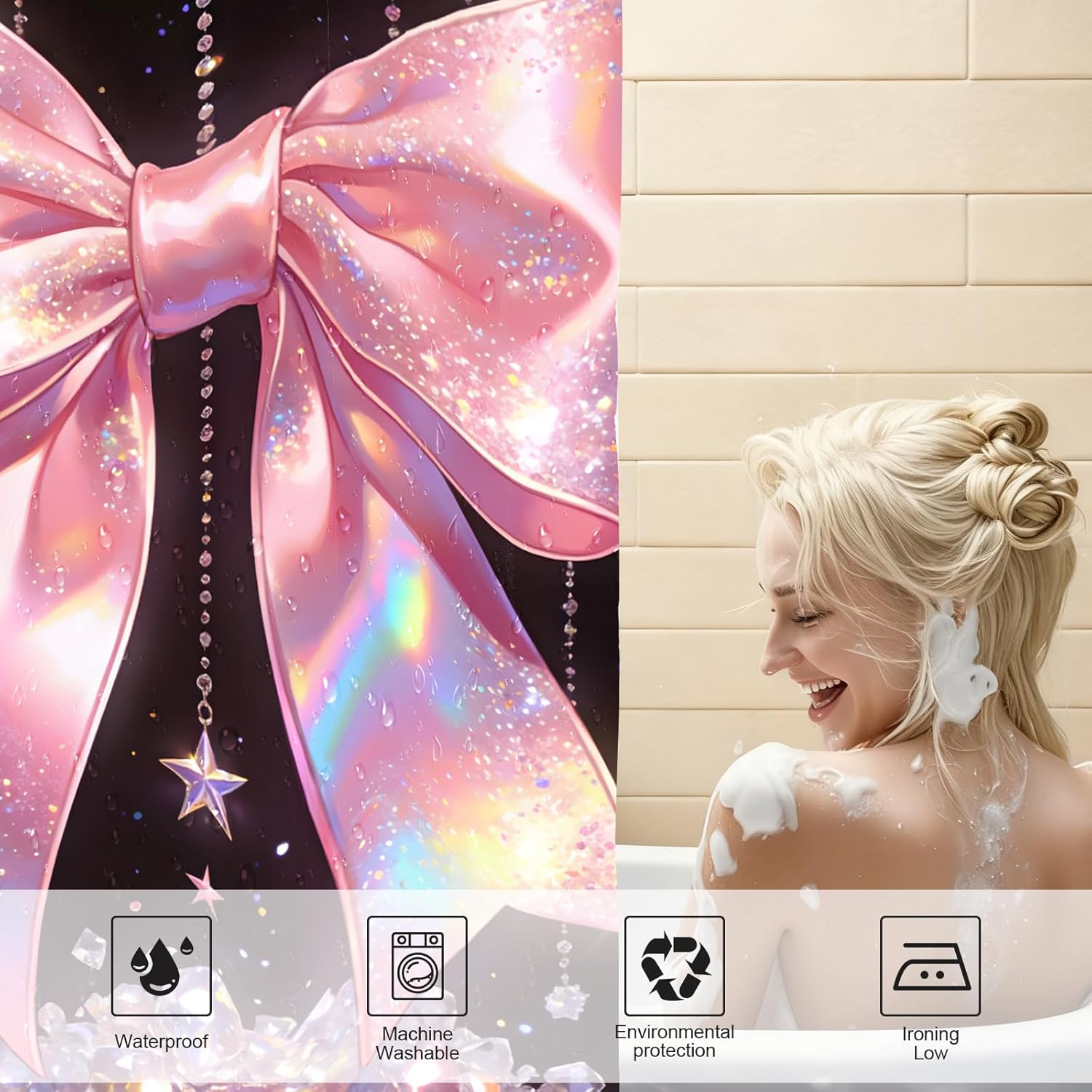 AZHM 4Pcs Pink Shower Curtain Set Cute Bow Shower Curtains for Bathroom Shining Diamonds Aesthetic Bathroom Sets with Curtain and Rugs and Accessories